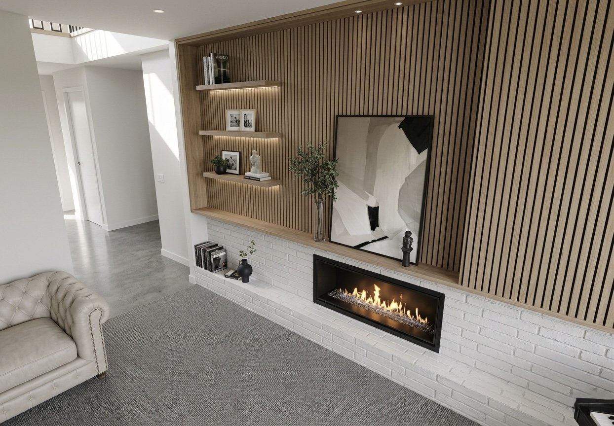 Living room design with timber slat feature wall, built-in shelving and modern fireplace — Caringbah Residence Brisbane
