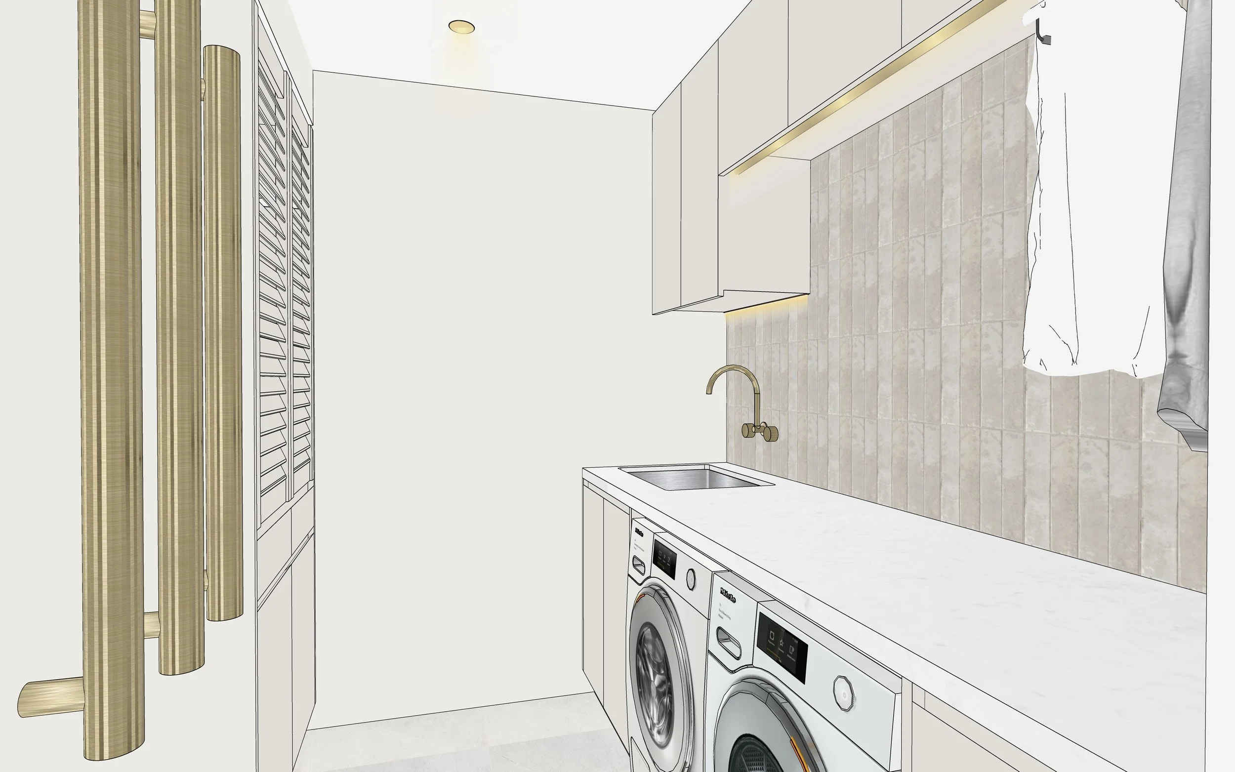 Clean minimalist laundry with stone countertop and warm neutral cabinetry