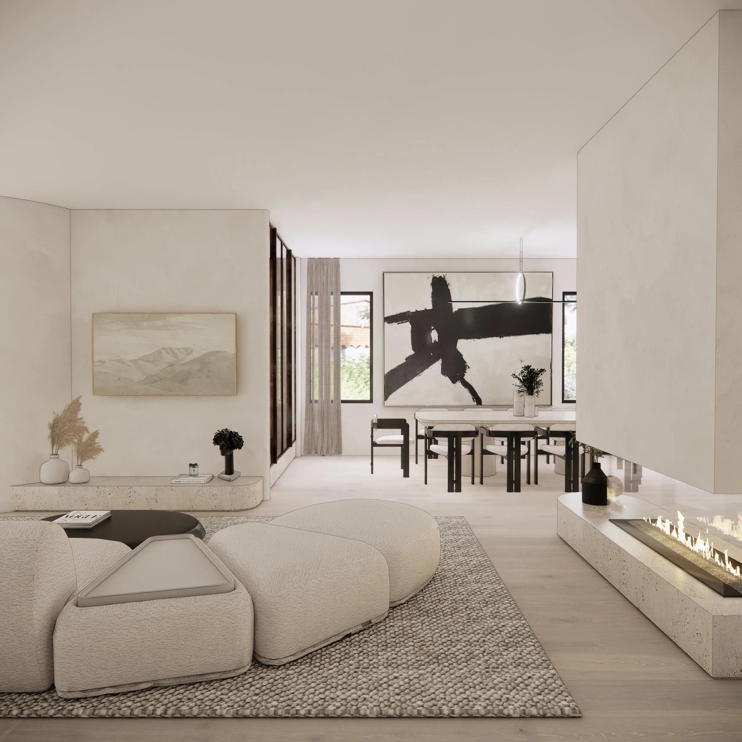 Contemporary Wabi-Sabi living room with curved sofa and neutral tones