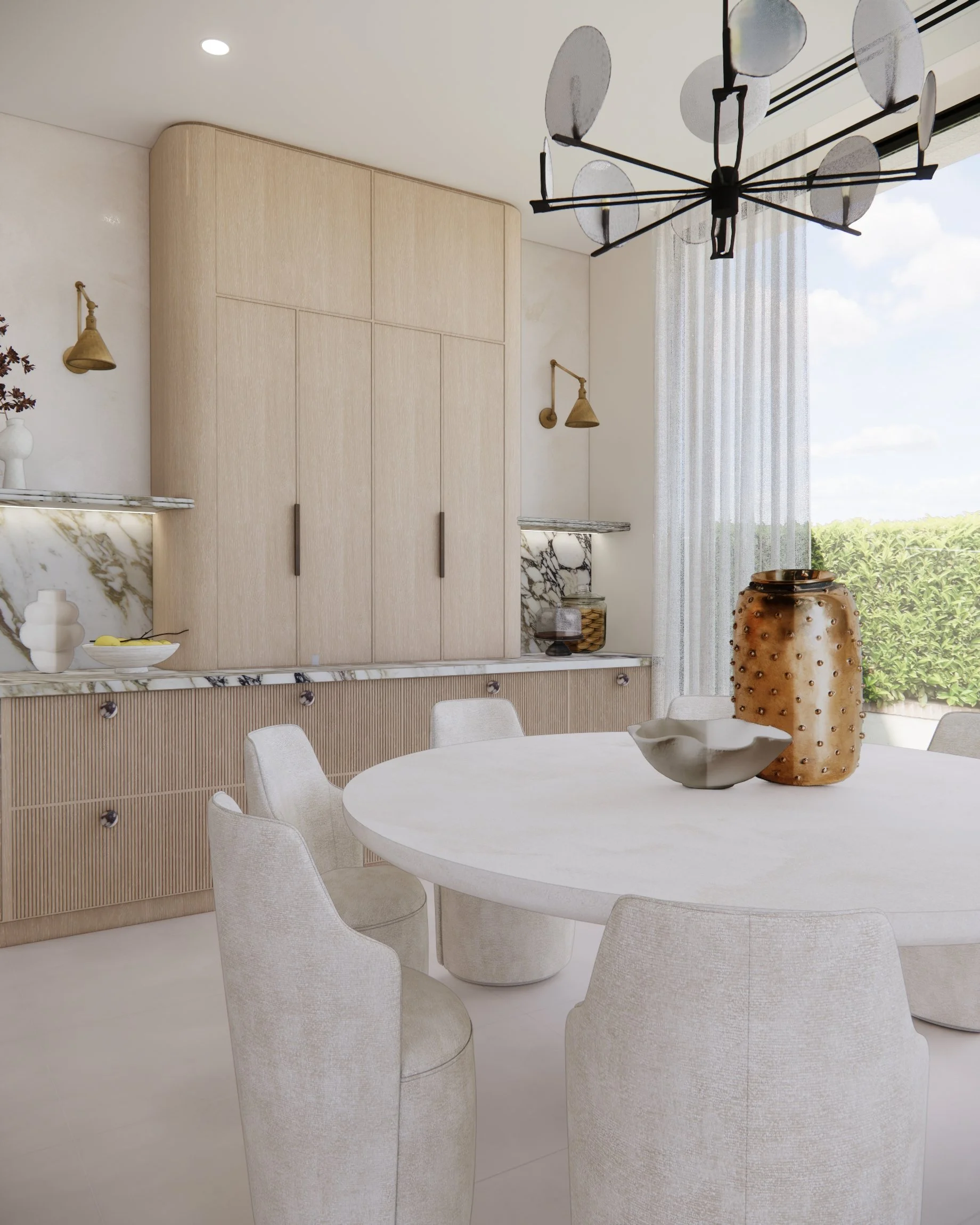 Sculptural kitchen with Calacatta Viola marble island, pale timber joinery, and brass wall lights in a contemporary Sydney home