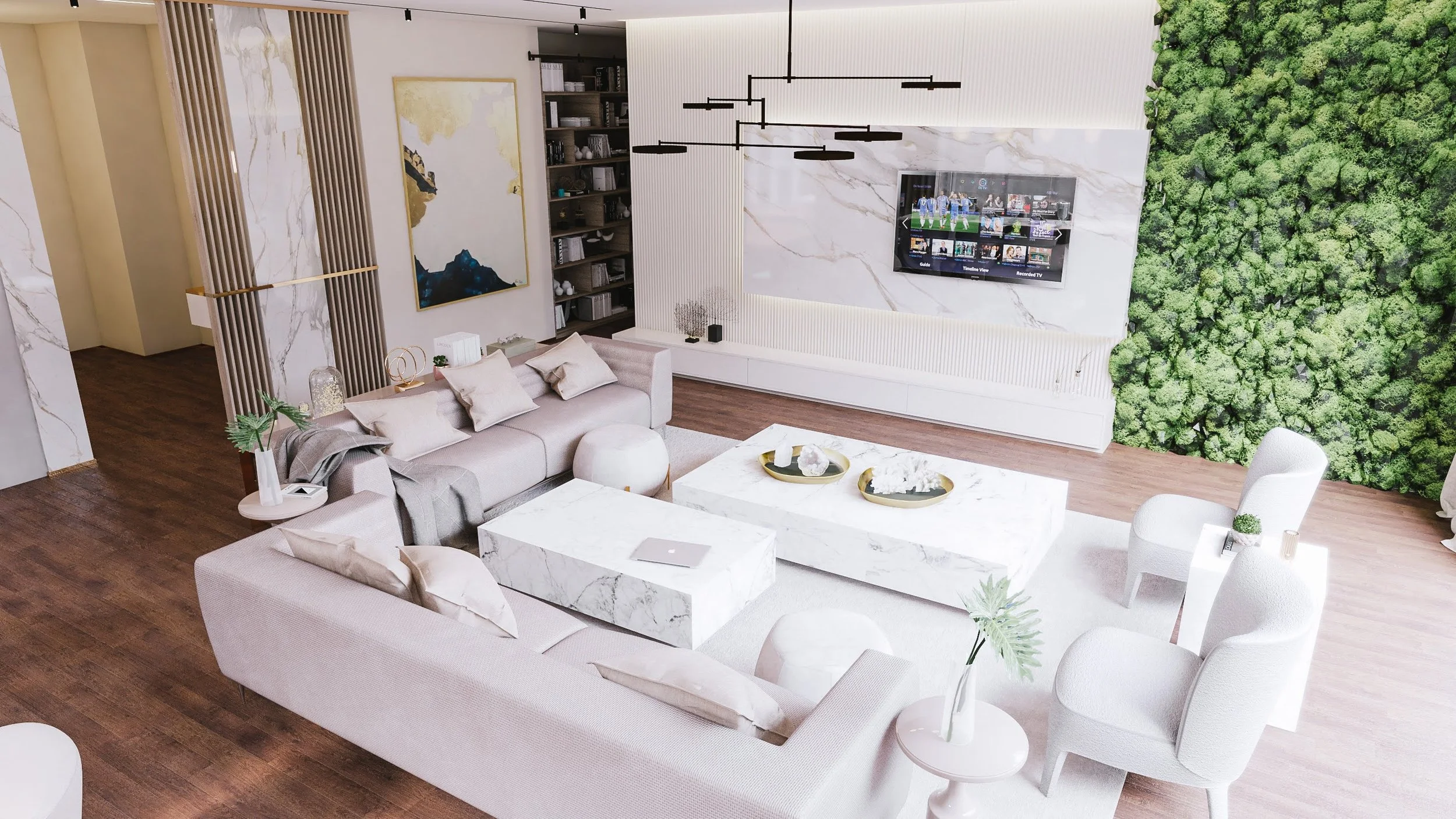 Contemporary living room in Dubai with marble feature wall, green wall, and soft neutral furniture