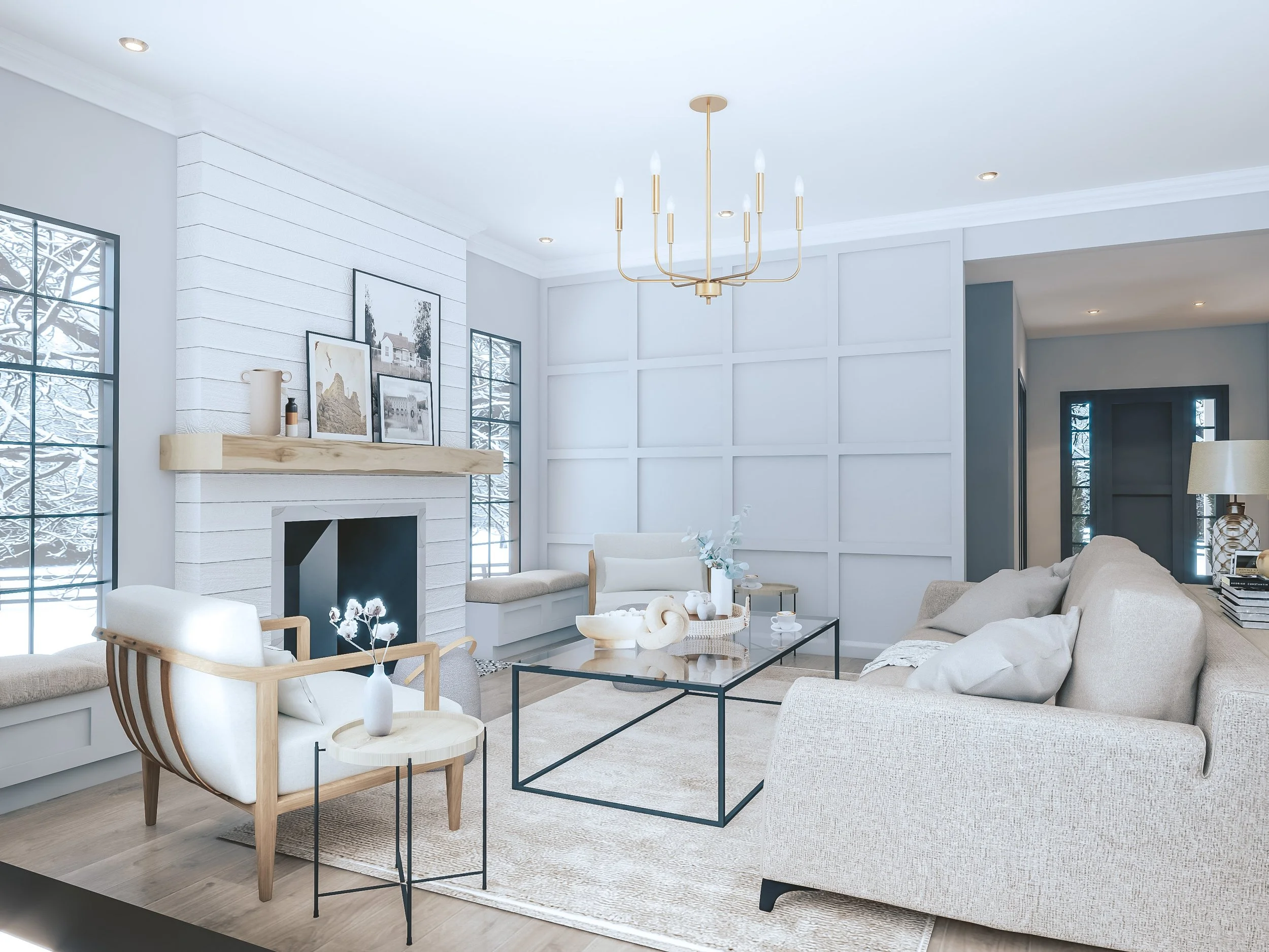 Cozy living room with shiplap fireplace, timber mantel, and neutral modern farmhouse furniture