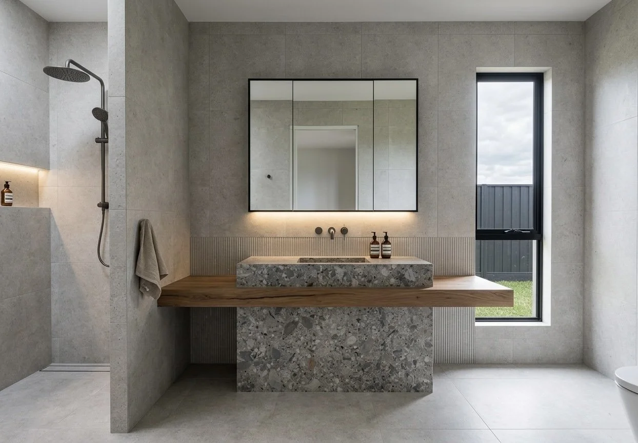 Guest bathroom design featuring light stone tiles, floating vanity and modern fixtures — Brisbane interior design