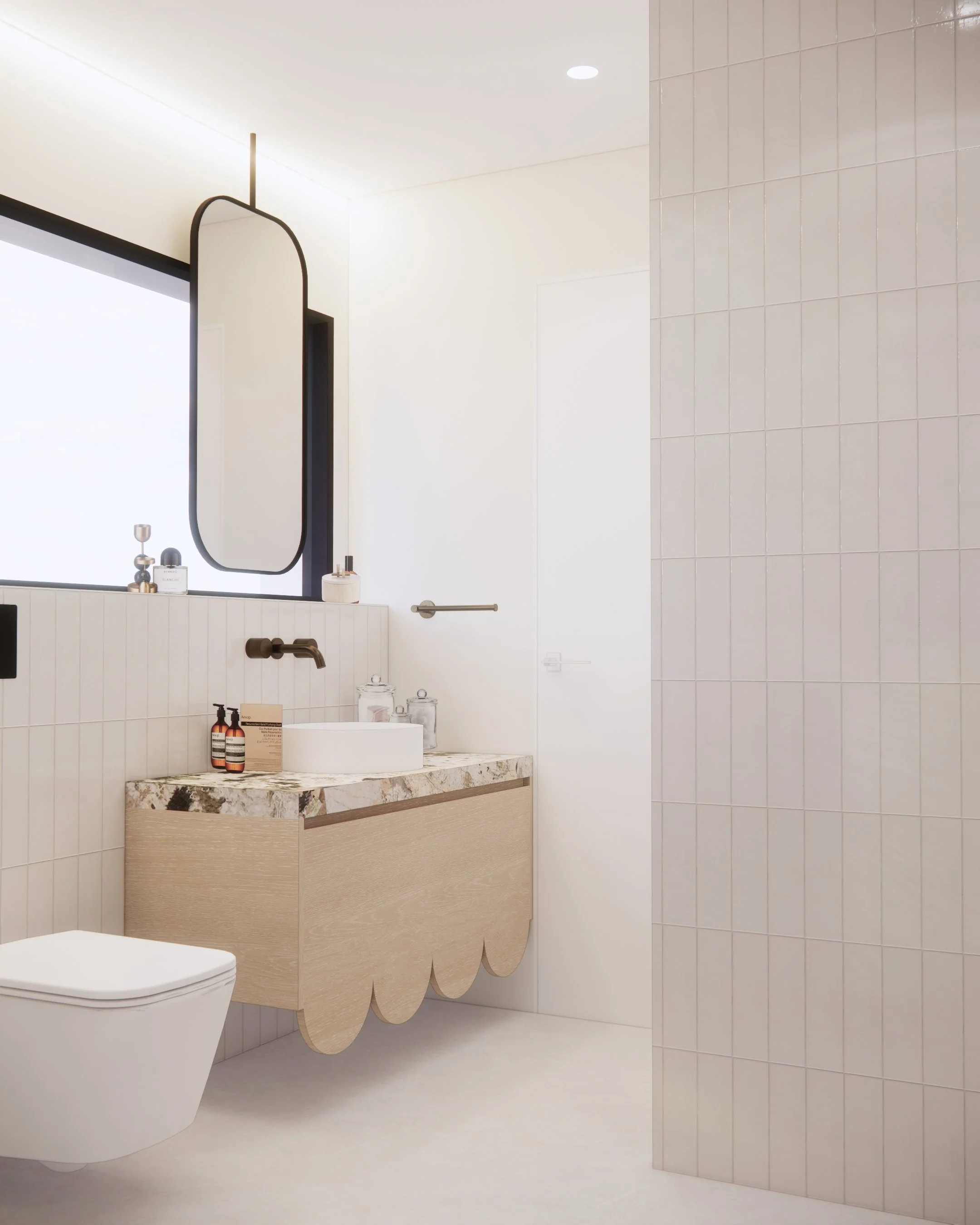 Guest bathroom with soft stone textures and minimalist curved shower