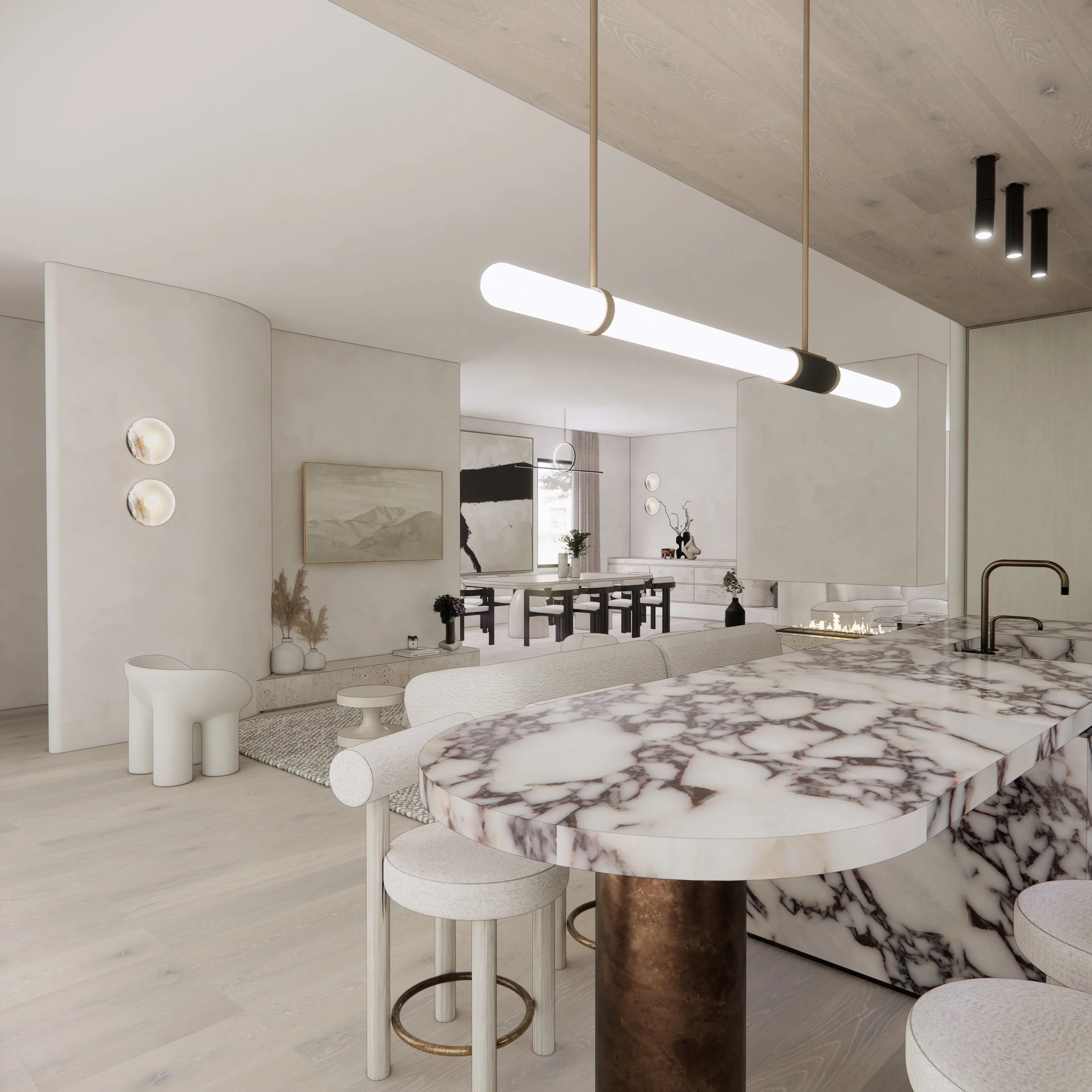Contemporary Wabi-Sabi living room with curved sofa and neutral tones