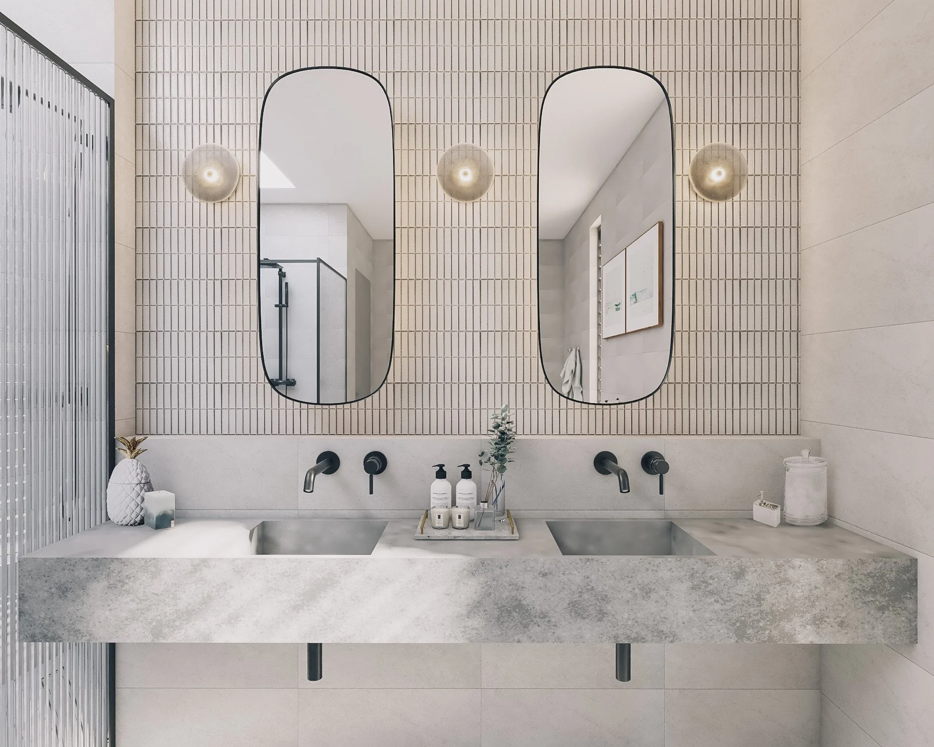 Reeded glass shower screens in a contemporary coastal bathroom by TID Studio