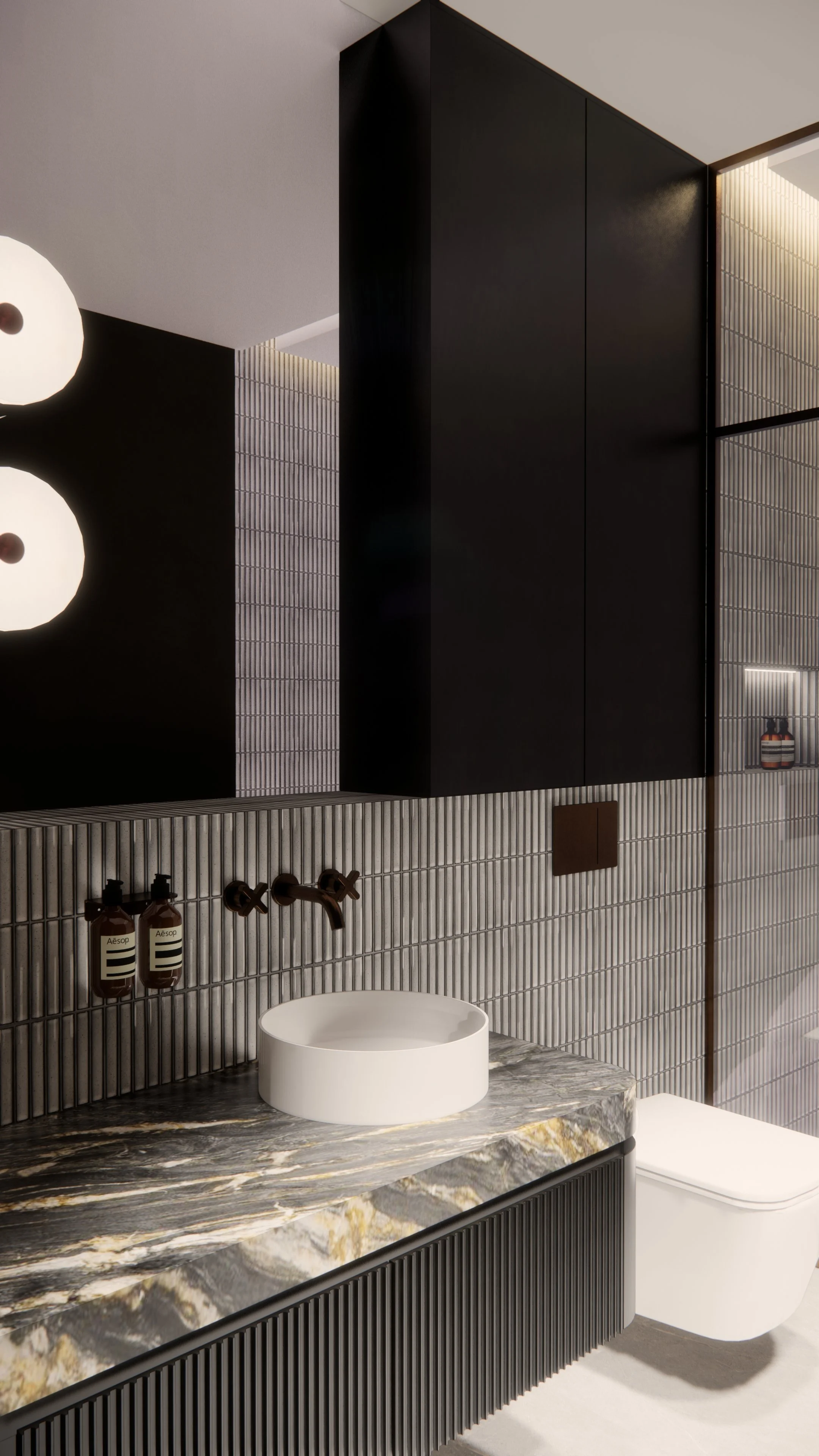 Modern powder room featuring curved dark, dramatic colour palette and brushed brass fixtures — Auriga Residence by TID Studio, Brisbane