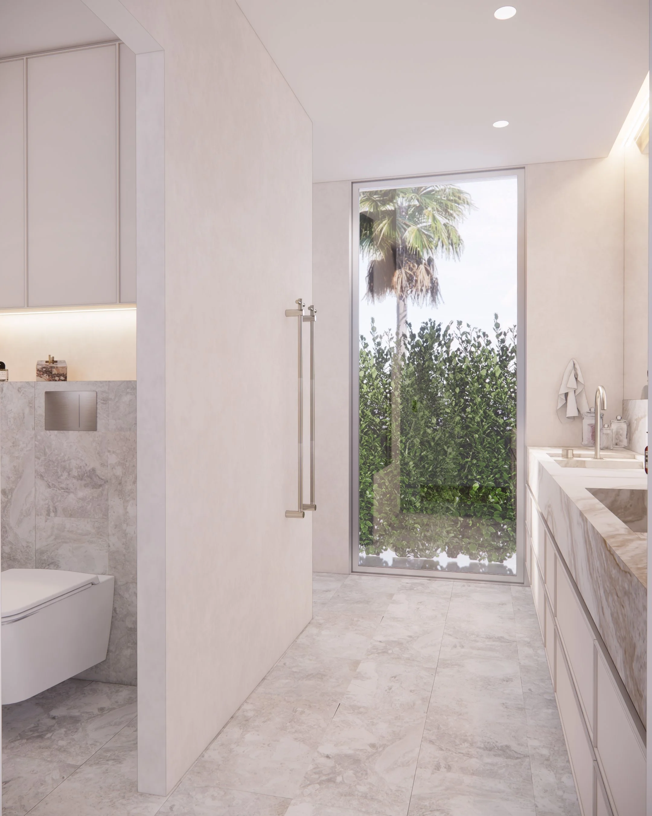 A serene, light-filled ensuite featuring warm lighting, natural stone surfaces and a minimal aesthetic by TID Studio