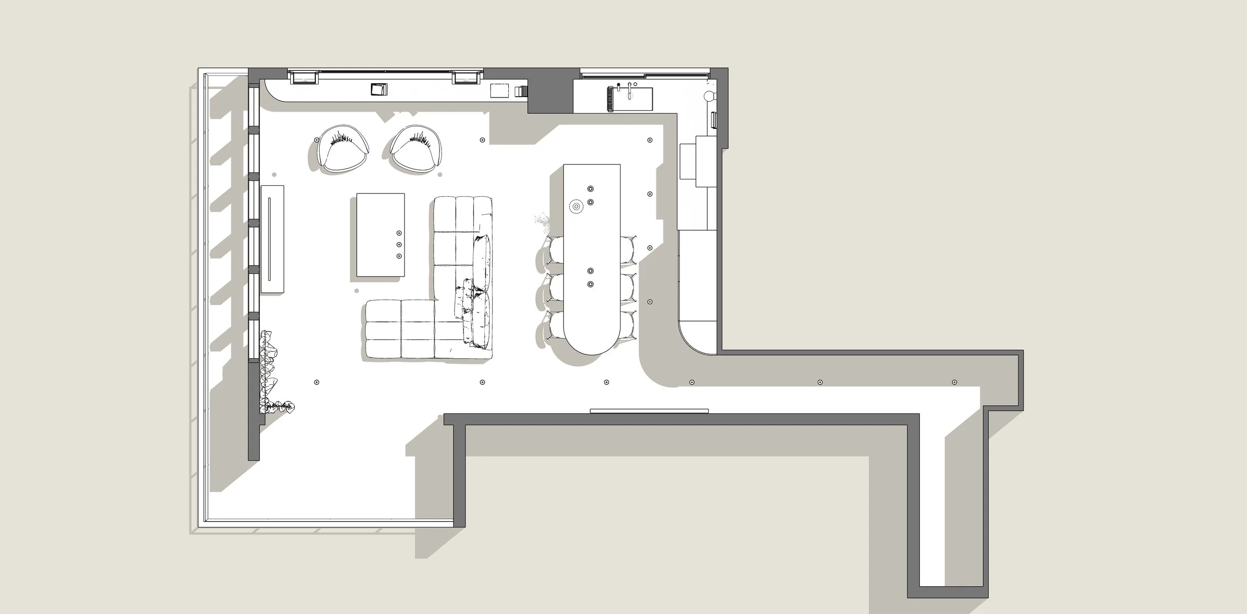 Modern kitchen layout redesign showing open concept kitchen and dining space in a high-rise apartment