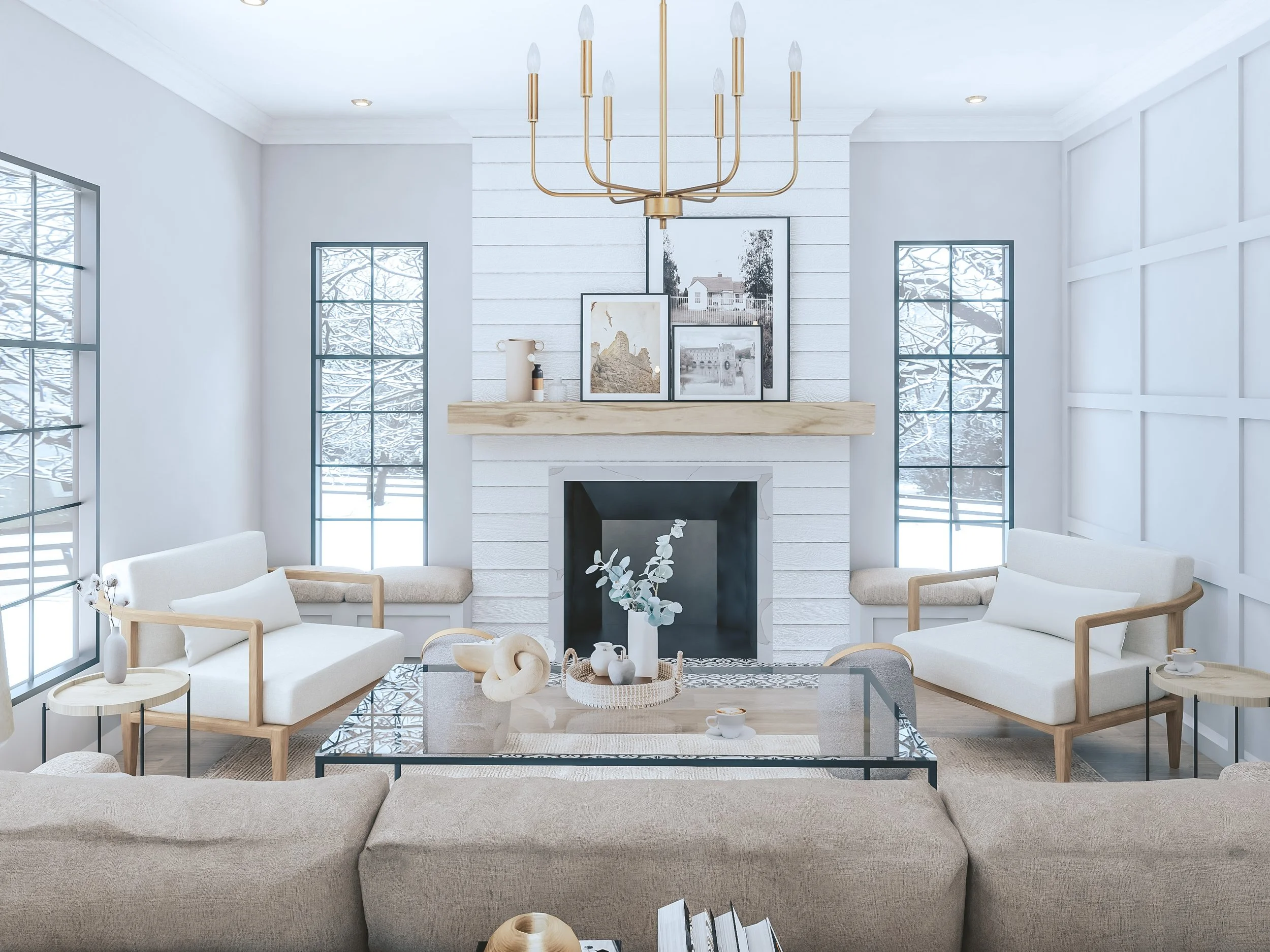 Cozy living room with shiplap fireplace, timber mantel, and neutral modern farmhouse furniture