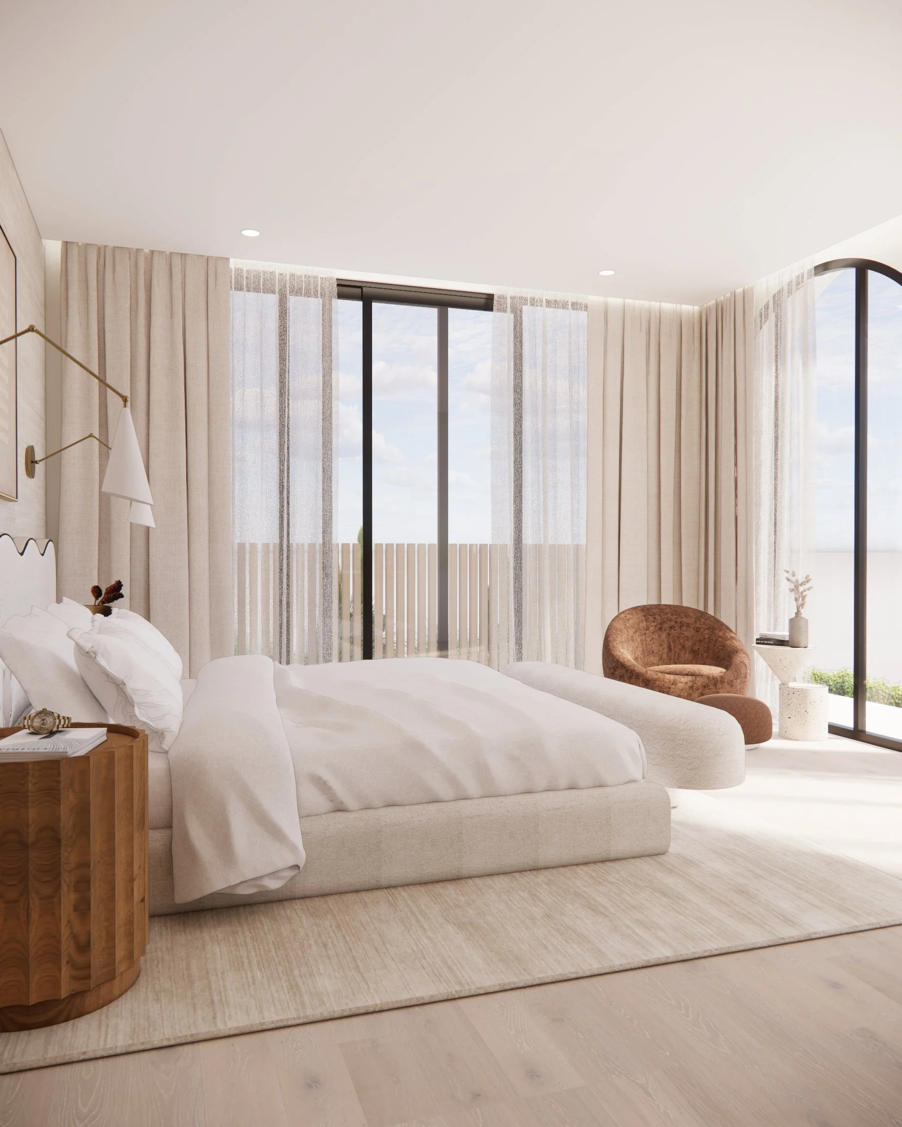 Soft neutral primary bedroom with custom curved headboard, sheer drapery, and warm minimal styling designed by TID Studio in Sydney