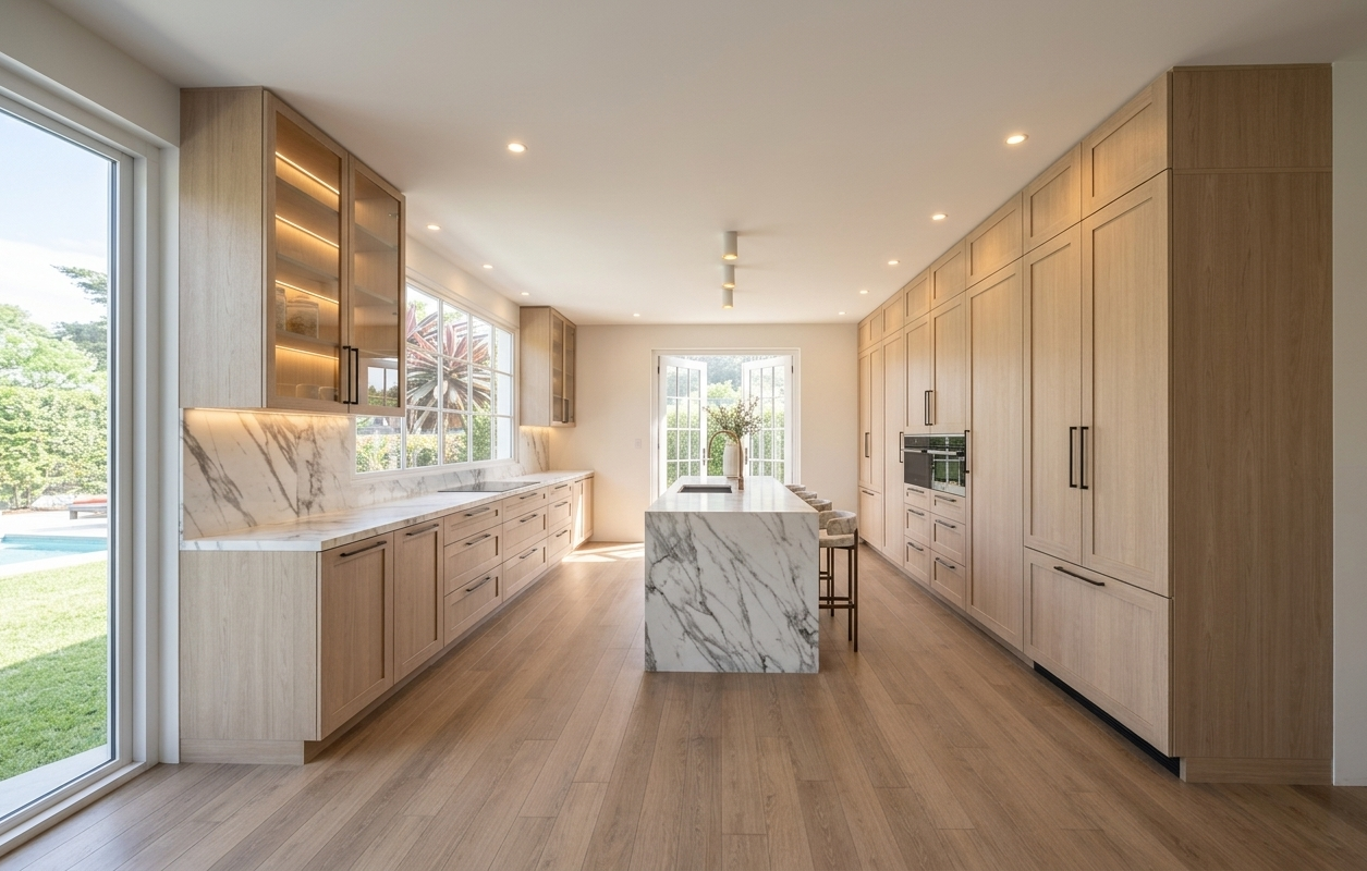 Modern farmhouse kitchen with oak cabinetry, natural stone island and brushed brass details designed by TID Studio in Brisbane