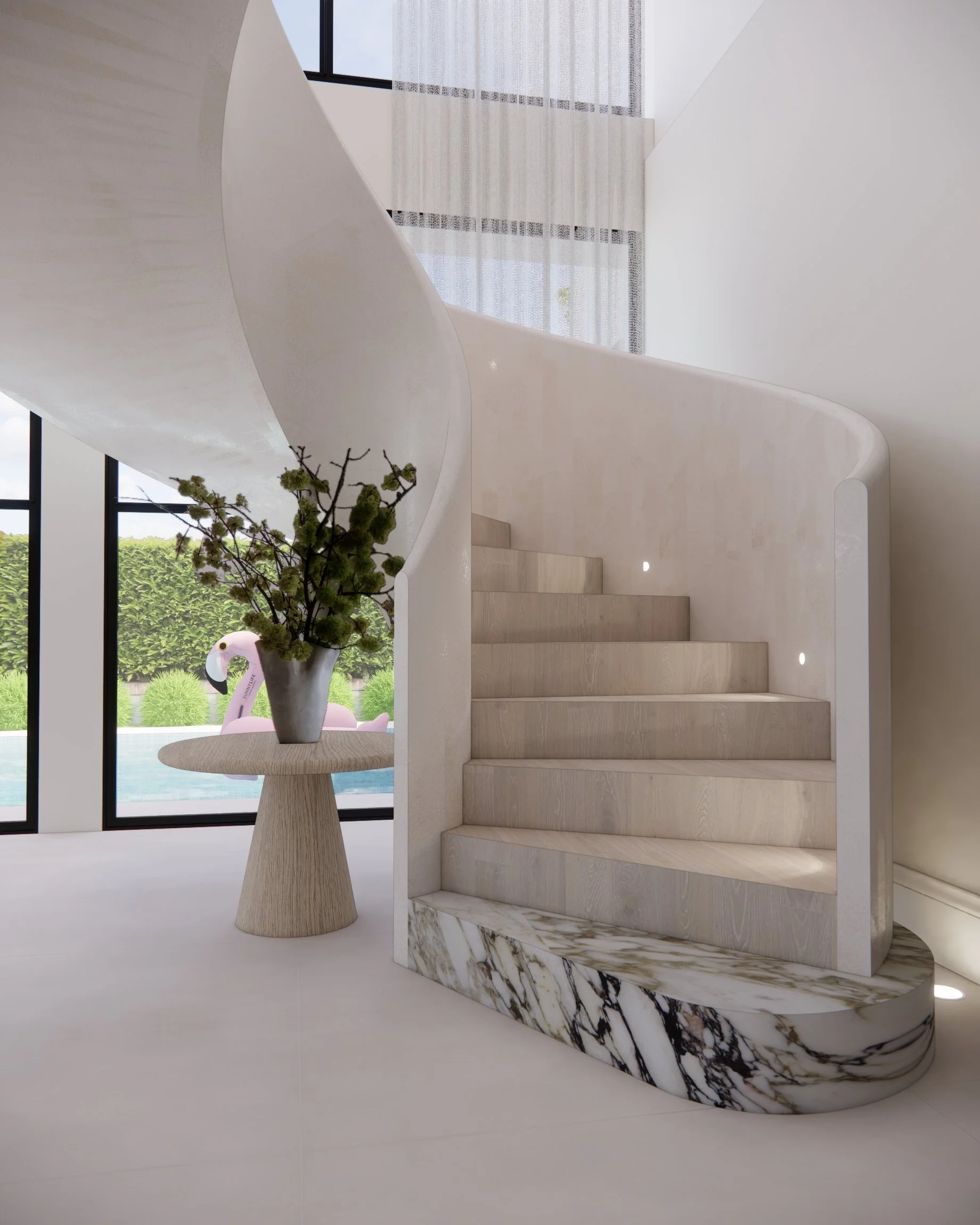 Contemporary living room with marble fireplace, curved staircase, and oversized neutral seating in a Sydney new-build