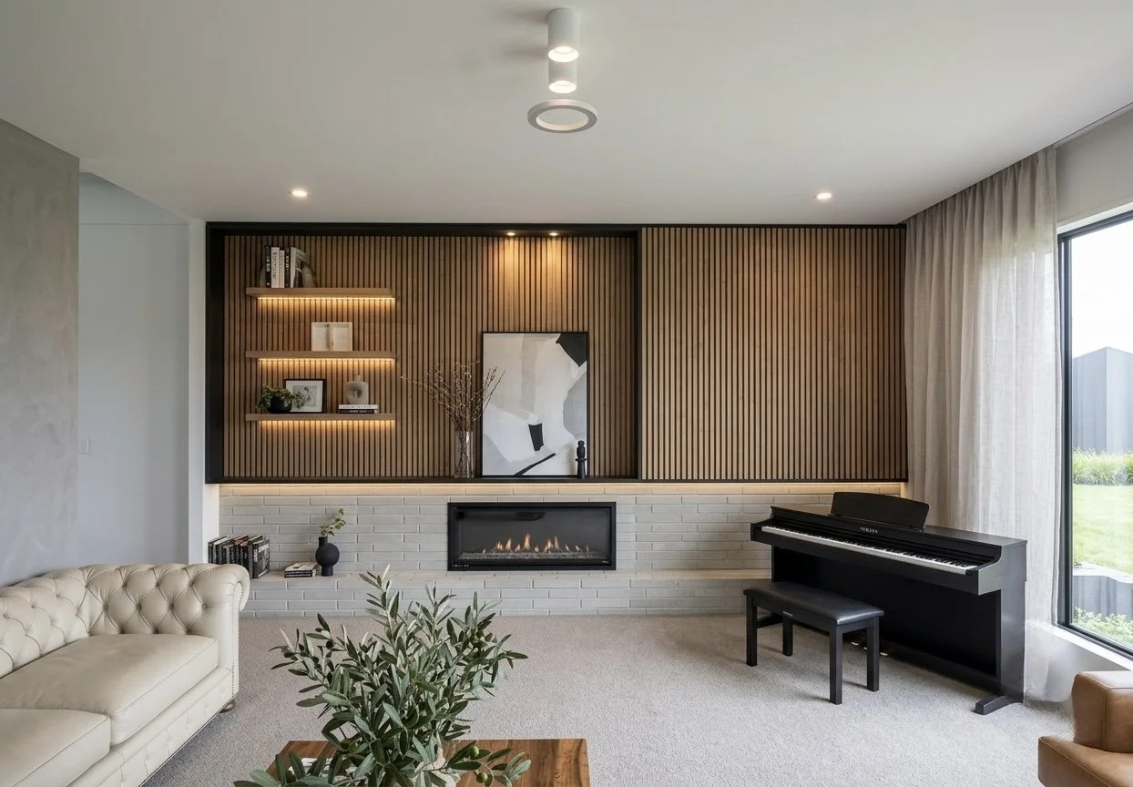 Contemporary living room fireplace wall with vertical slats and decorative shelving — Brisbane interior design by TID Studio