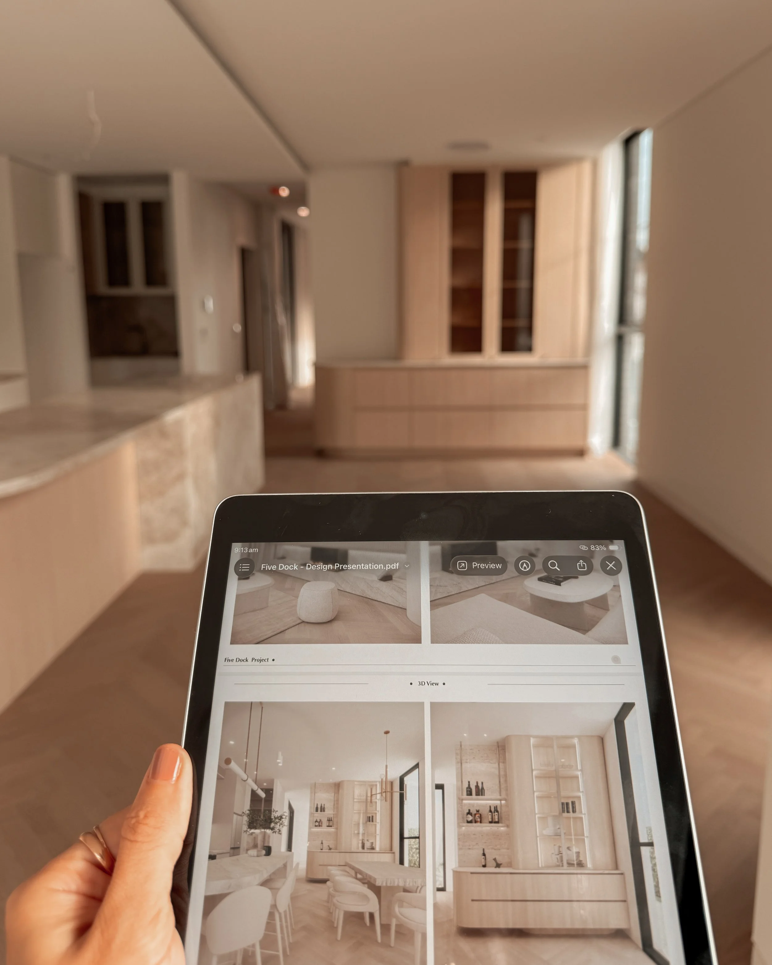 TID Studio. Contemporary kitchen design, taj mahal island, pantry, dining, bar, neutral creamy colour palette. Interior design Sydney. New build Five Dock