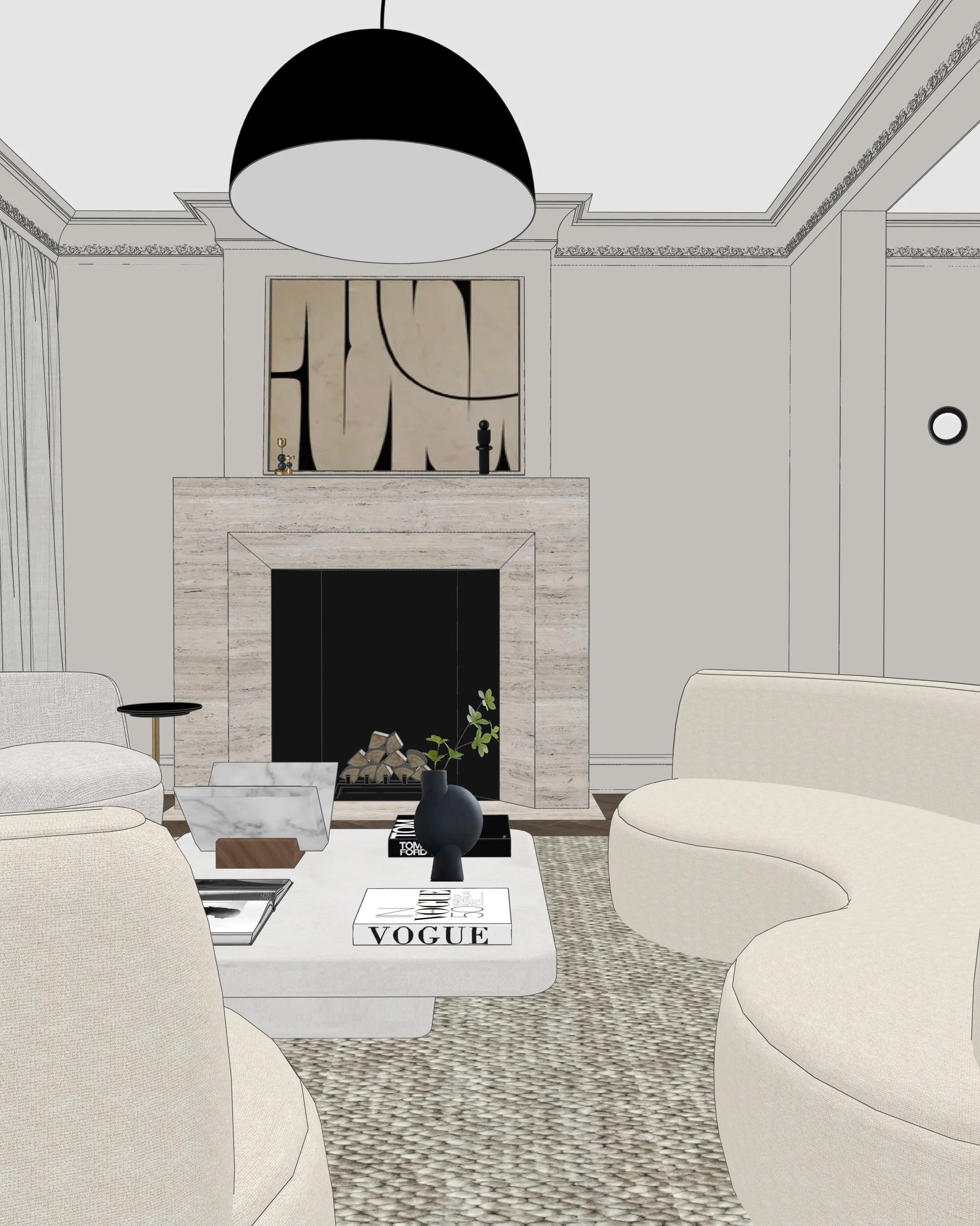 Lounge area with curved sofas and integrated bar shelves in modern Sydney terrace renovation
