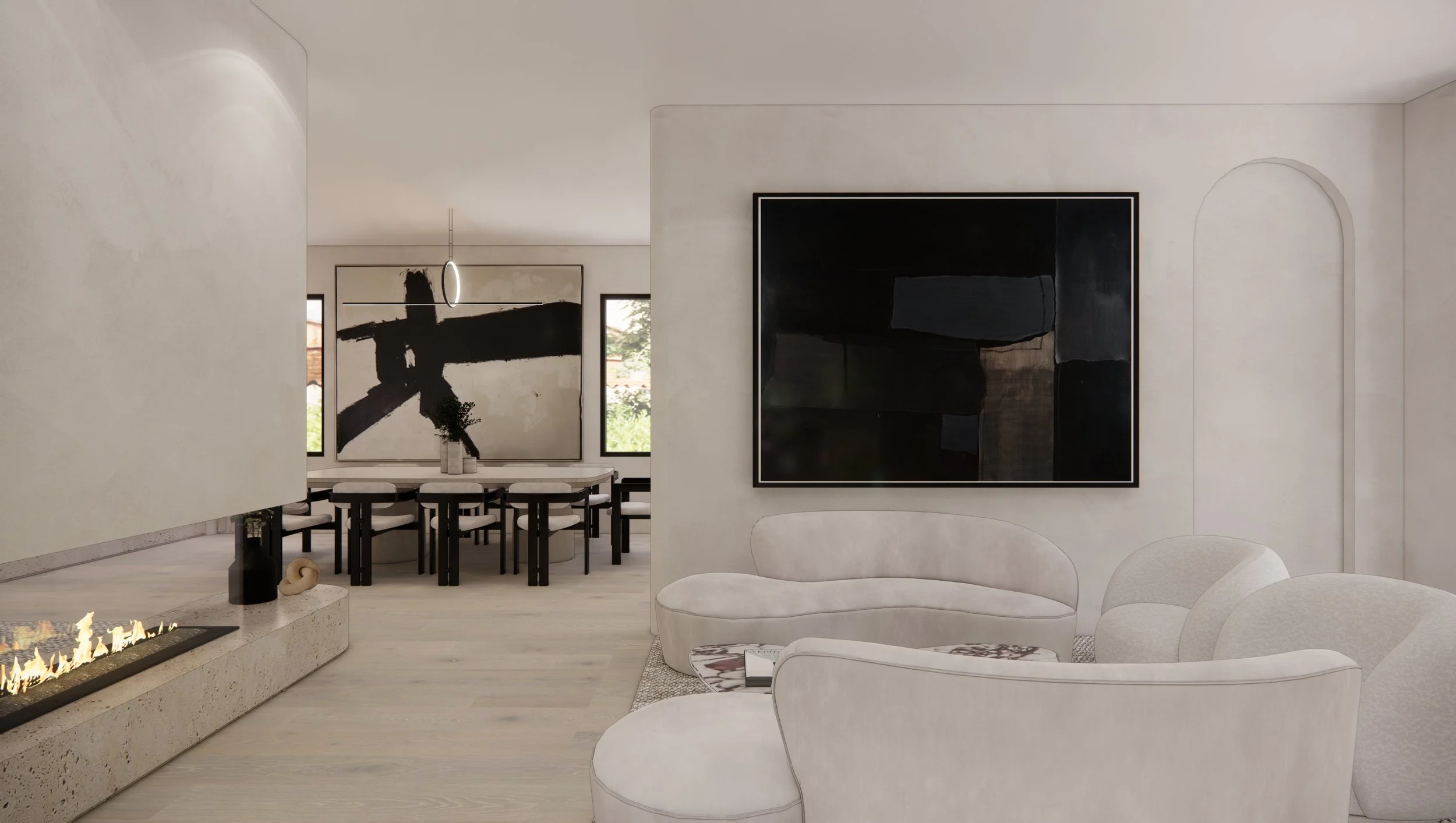 Formal dining room with oversized modern artwork and soft lighting