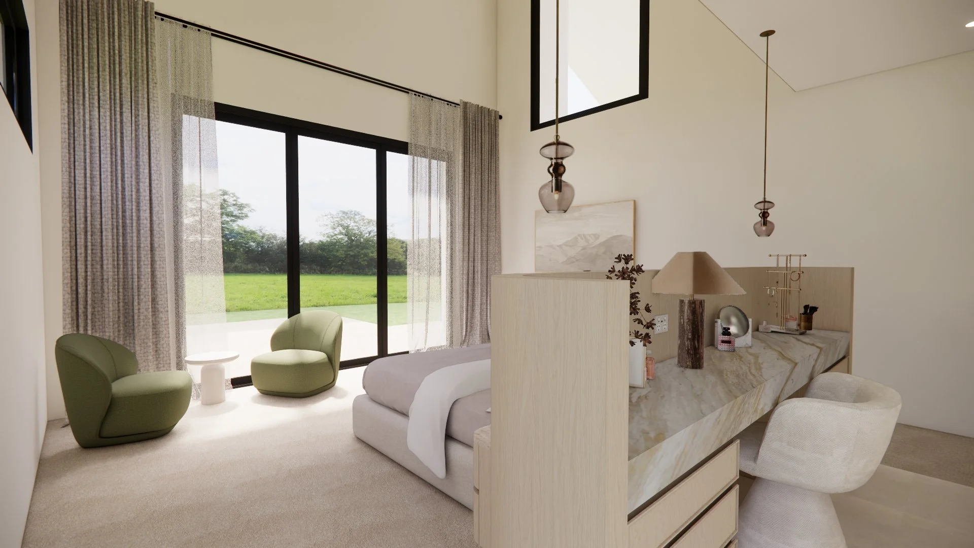 Luxury primary bedroom with pitched ceiling and floor-to-ceiling windows