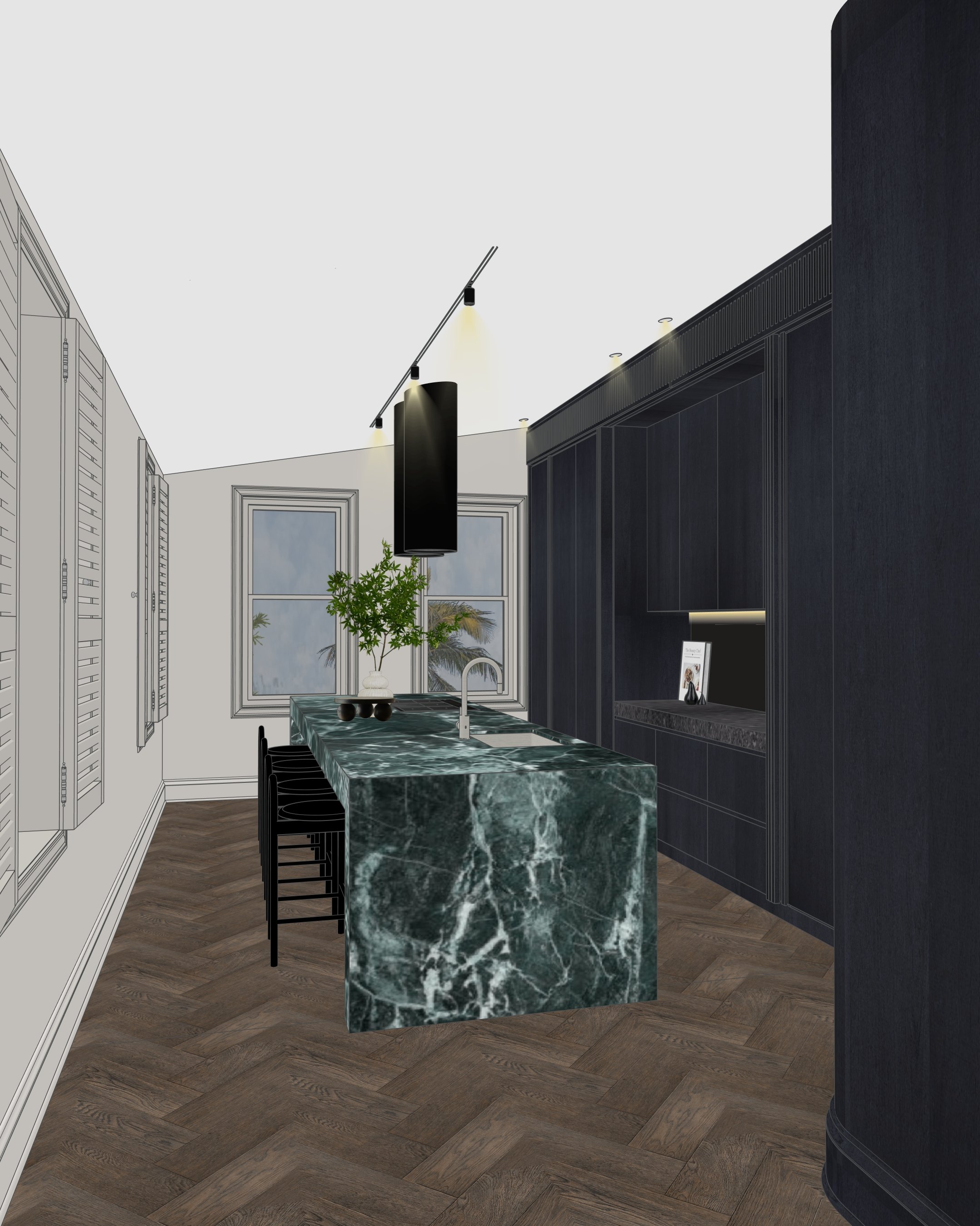 Full kitchen view showing dark joinery, green marble island, and sculptural lighting in Sydney terrace