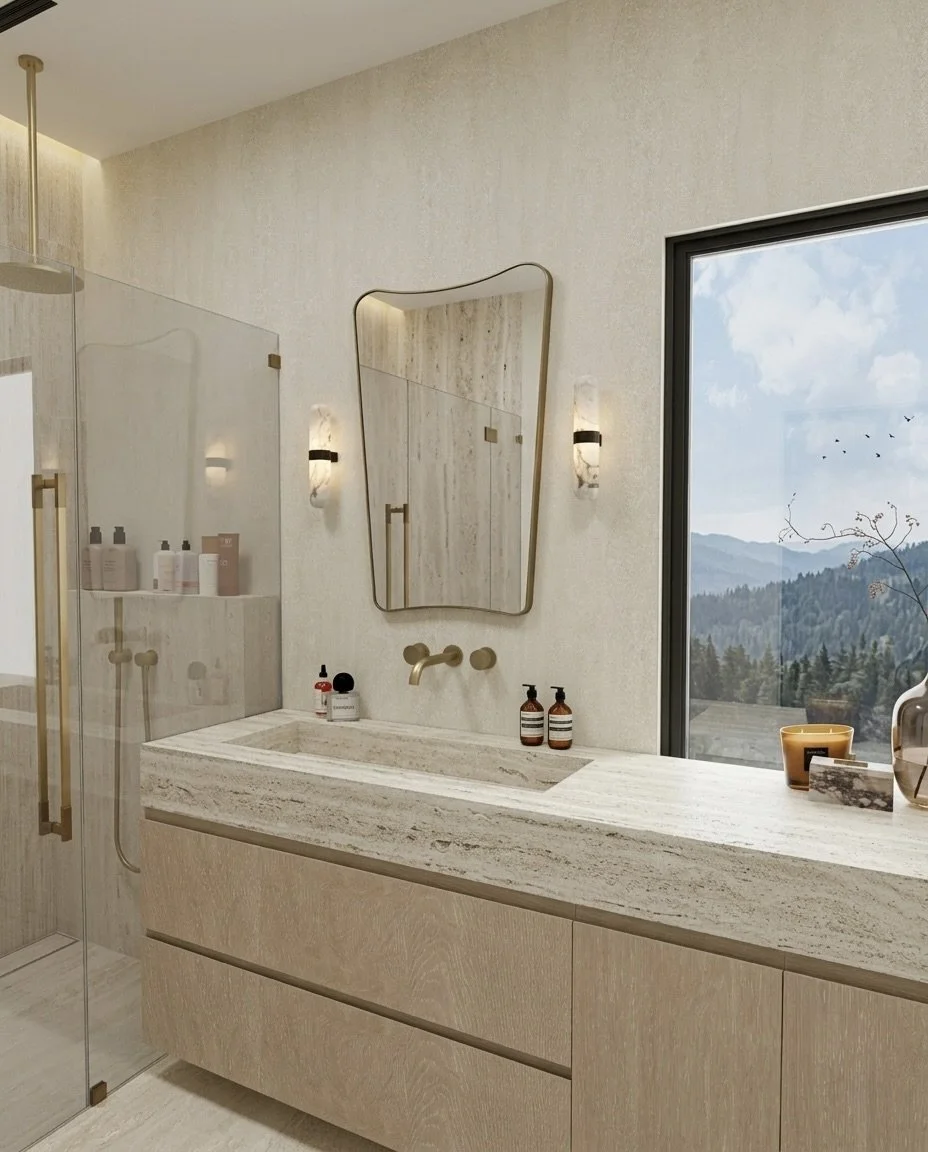 Luxury ensuite featuring a double shower beneath a skylight with natural stone finishes, designed by TID Studio Sydney