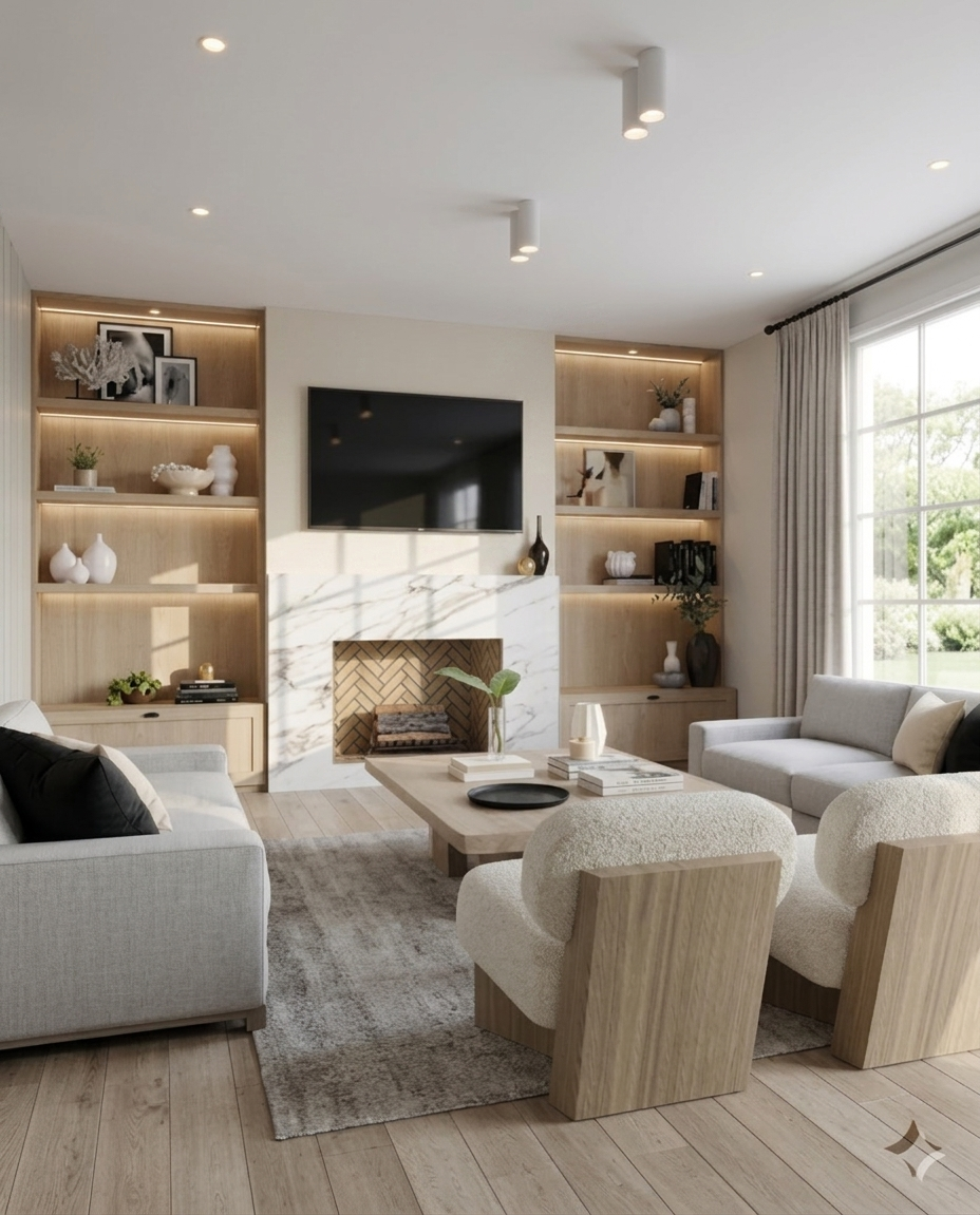 Modern farmhouse living room with custom fireplace, built-in joinery and warm neutral interiors designed by TID Studio