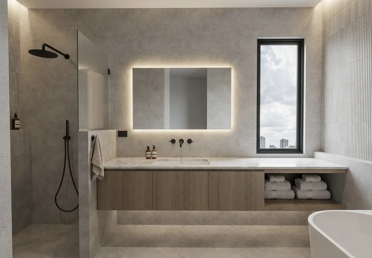 Modern grey stone master bathroom design with floating vanity and minimal black tapware — Caringbah Residence Brisbane