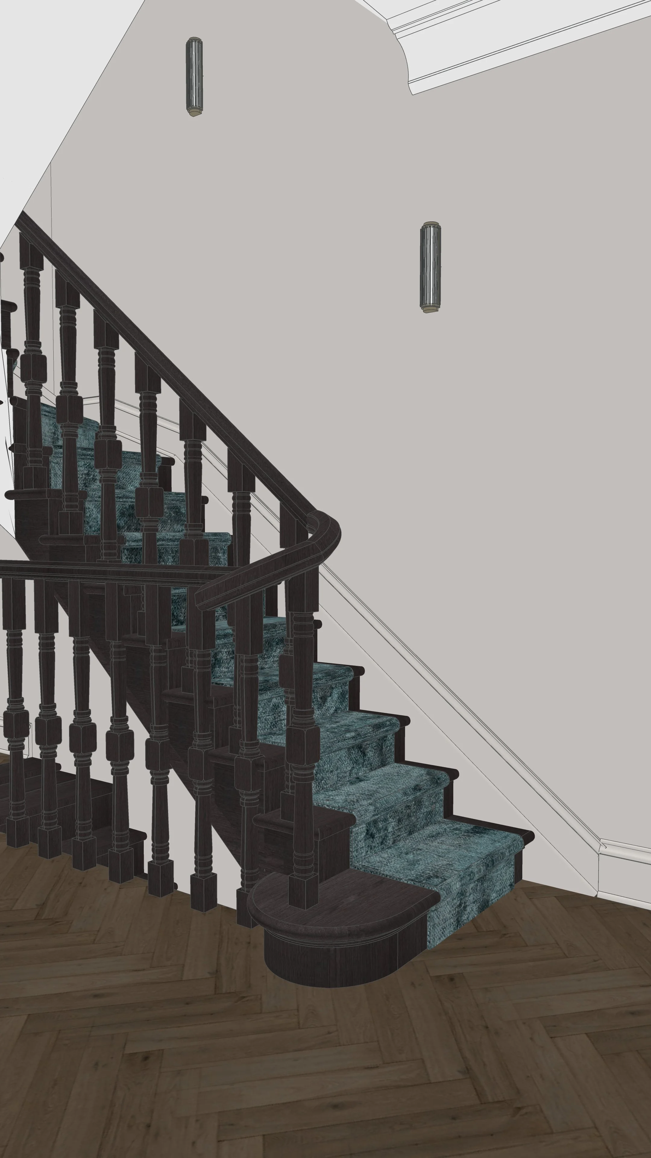 Close-up view of dark timber staircase with runner in renovated heritage terrace