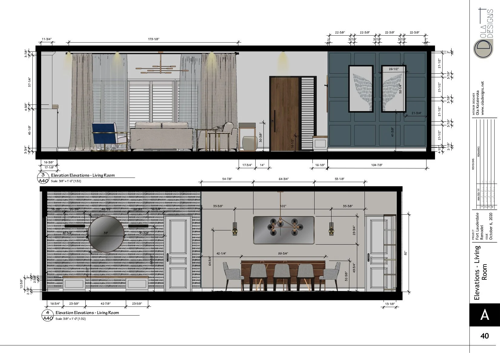 Hamptons-style open plan living room and kitchen, designed by TID Studio in Florida. Example Interiors Drawings Set