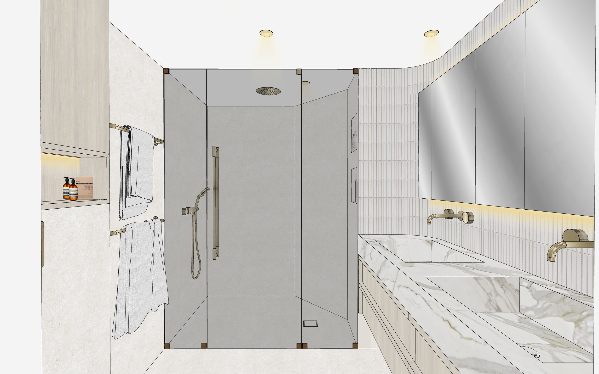 Modern shower area with recessed niches and brushed brass fixtures