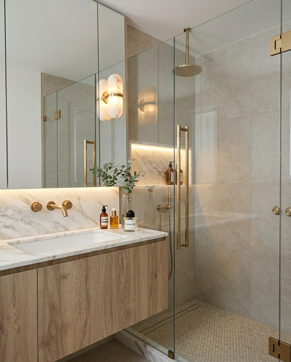 Modern primary bathroom, stone vanity, shower bench seating, shower stone niche with LED, condo remodel in Miami, designed by TID Studio 