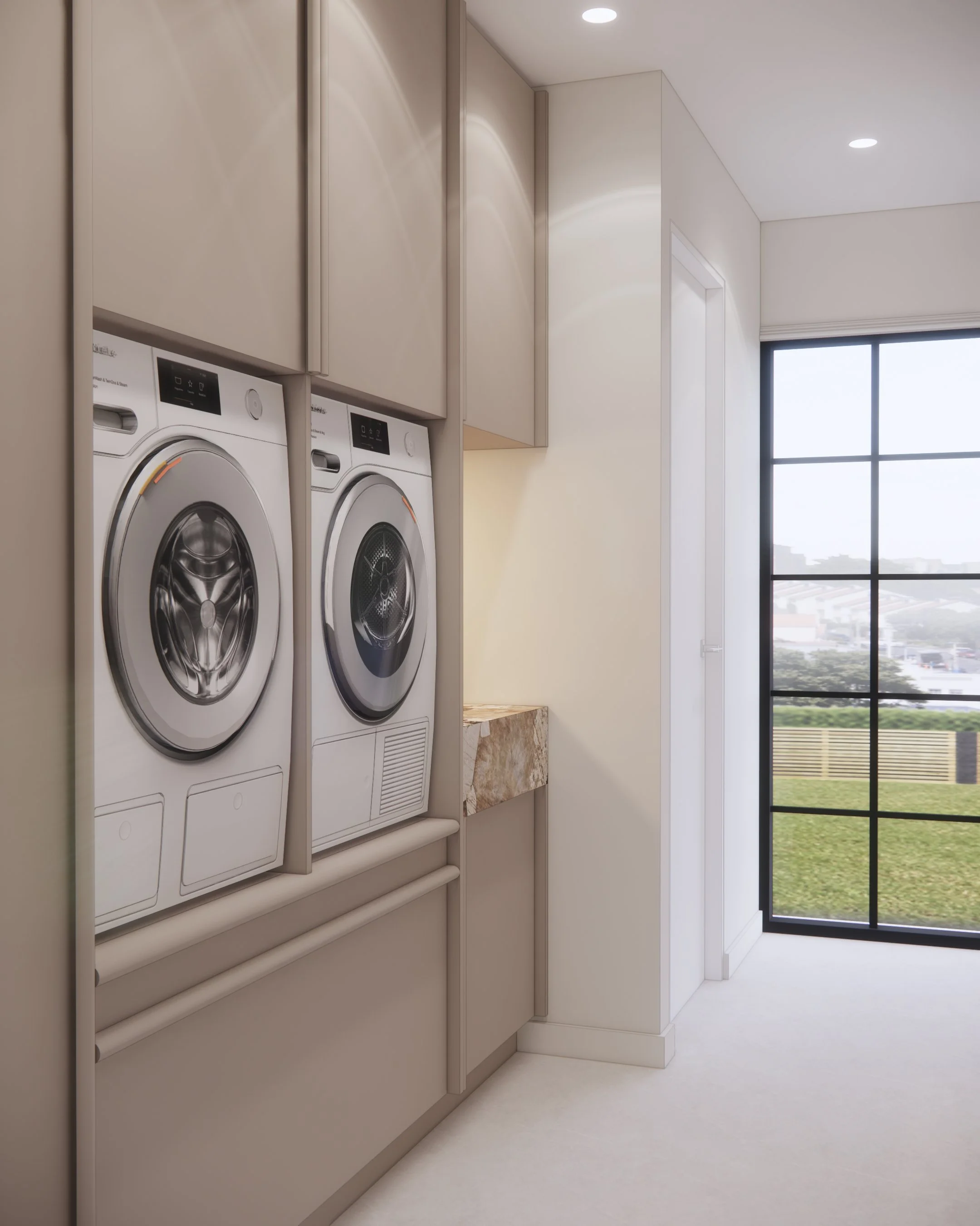 Modern laundry with integrated appliances and warm beige cabinetry