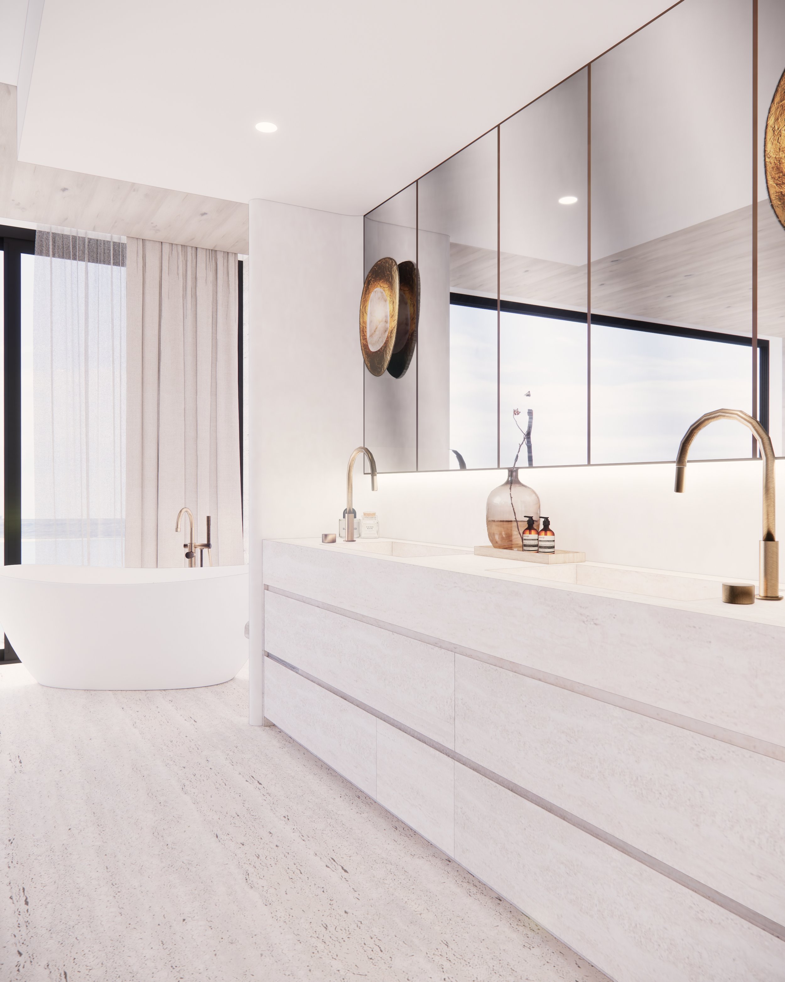 Sculptural double vanity in bold veined marble with curved detailing and brass tapware