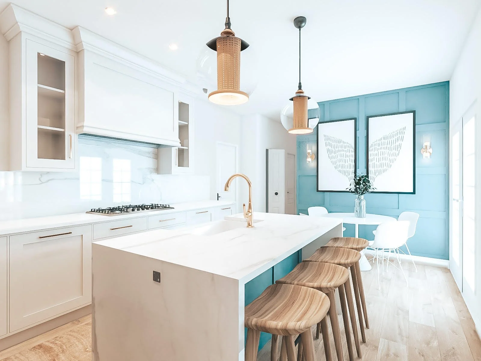 White Hamptons kitchen with shaker cabinetry and coastal pendant lighting