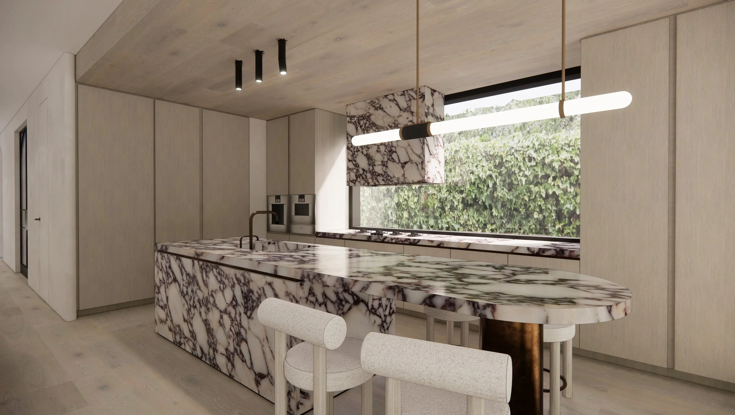 Kitchen design featuring Calacatta Viola stone island and warm timber cabinetry