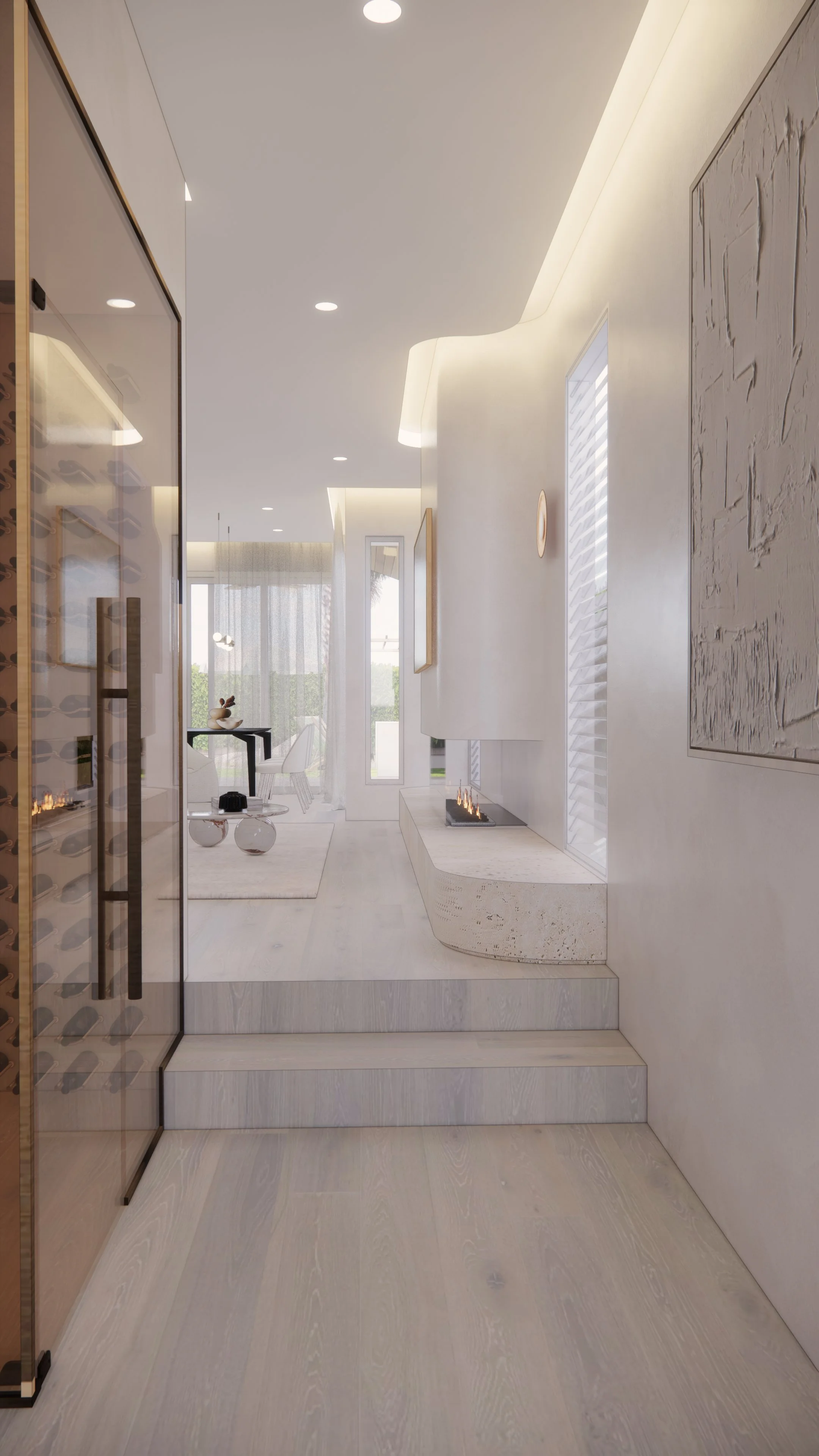 Modern coastal living room with soft plaster walls, light timber flooring and fireplace  — Auriga Residence by TID Studio, Brisbane