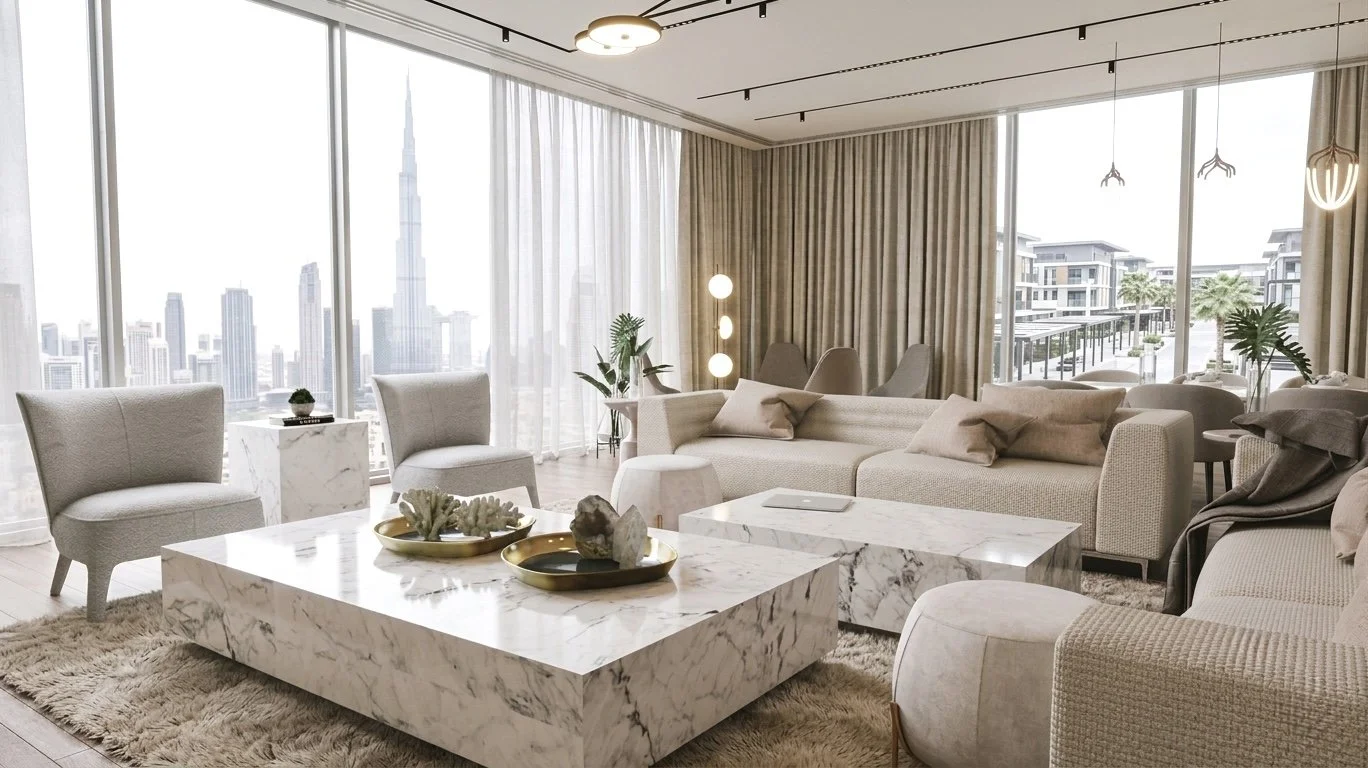 Open-plan dining and living area with modern lighting, marble accents, and soft-toned furniture in Dubai apartment.