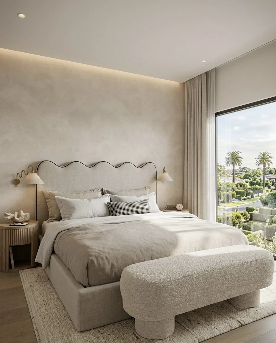 Warm minimalist primary bedroom with natural materials and custom joinery, designed by TID Studio Sydney