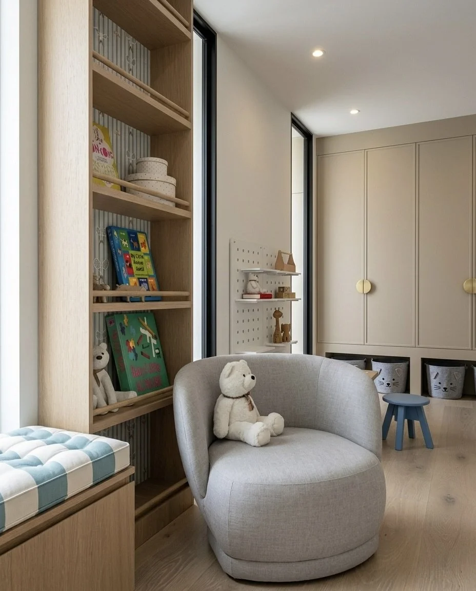Custom joinery, cabinetry design for kids playroom, contemporary house renovation, designed by TID Studio Sydney