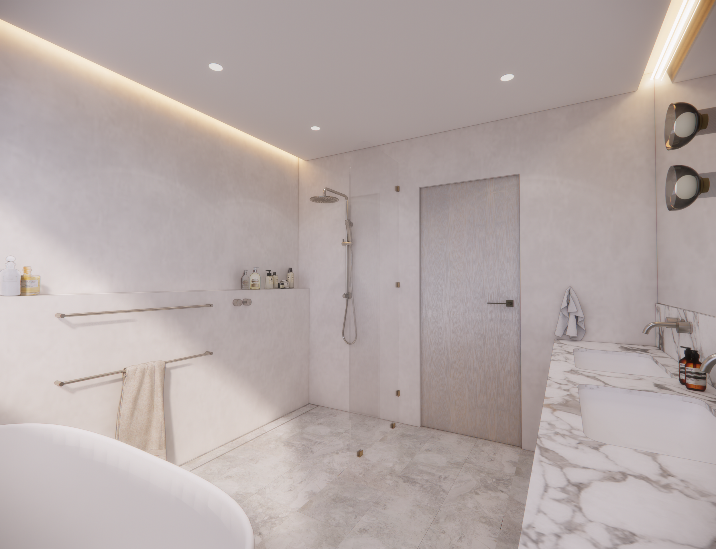 A serene, modern bathroom with marble surfaces and soft timber detailing, part of TID Studio’s Sydney renovation