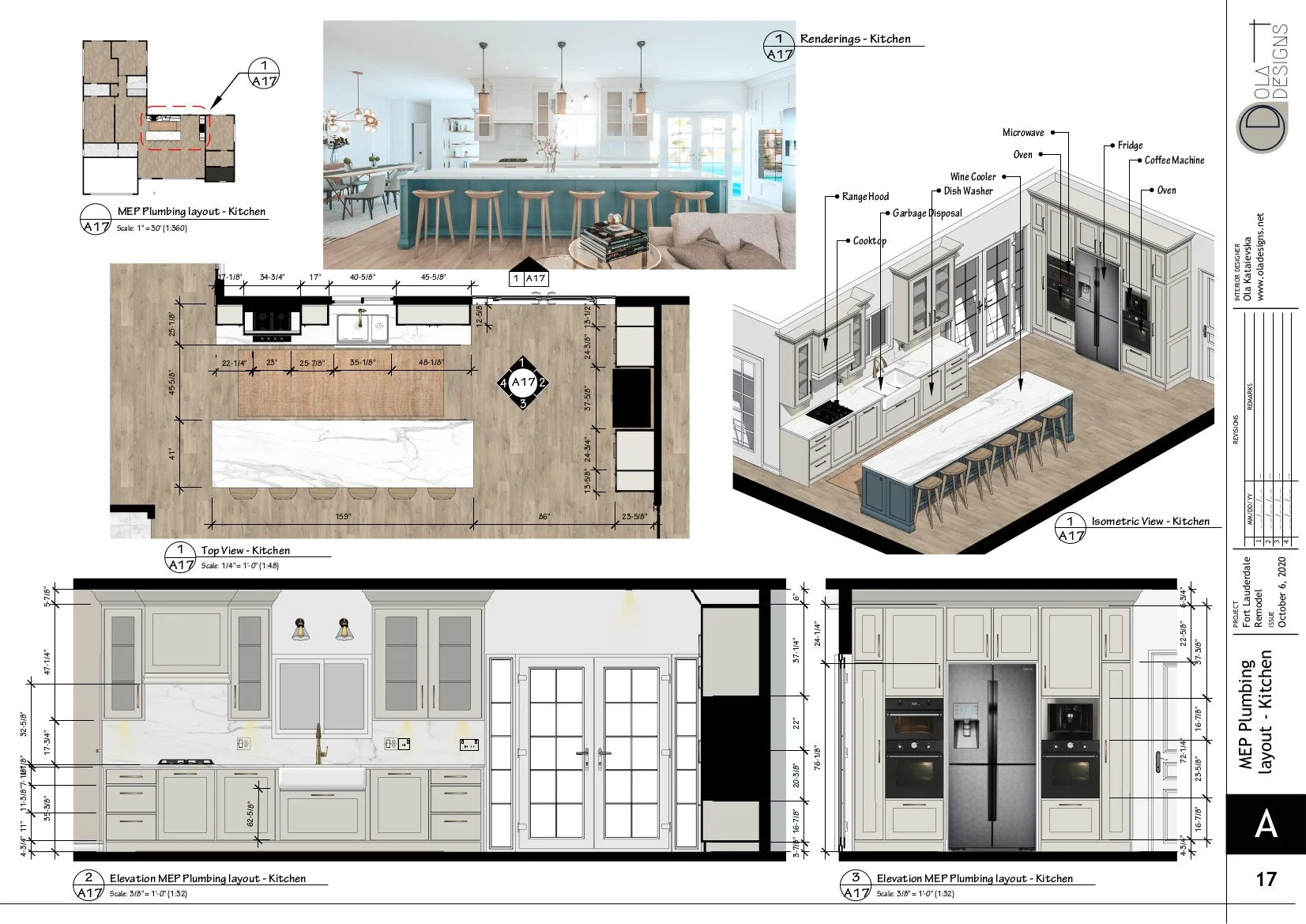 Hamptons-style open plan living room and kitchen, designed by TID Studio in Florida. Example Interiors Drawings Set