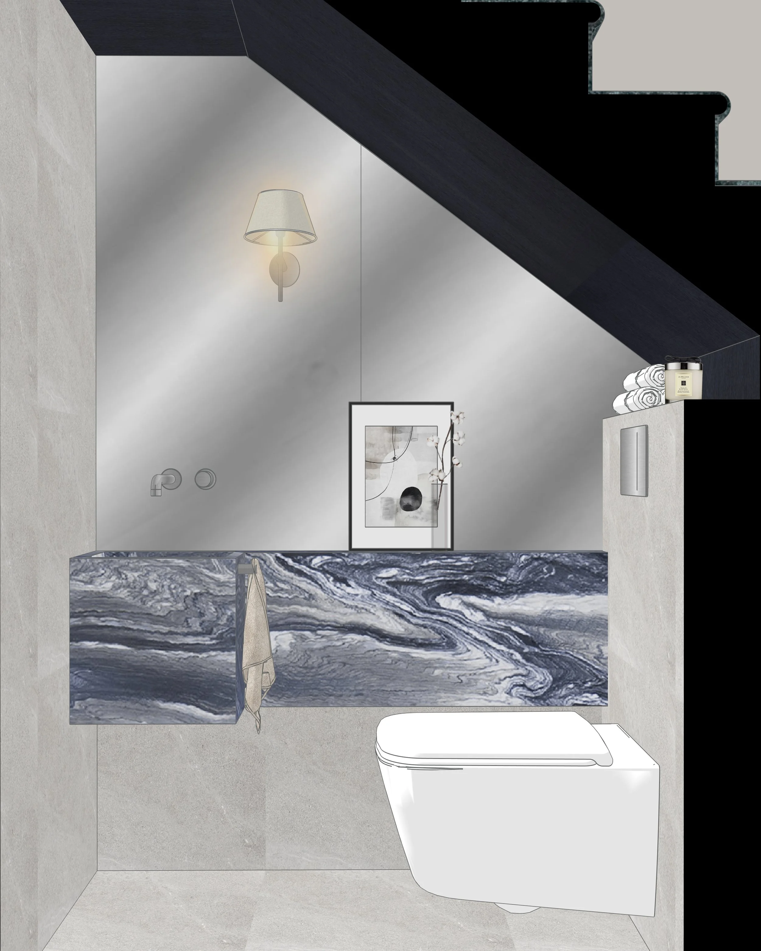 Powder room under staircase with blue marble vanity and mirrored wall in Sydney terrace home