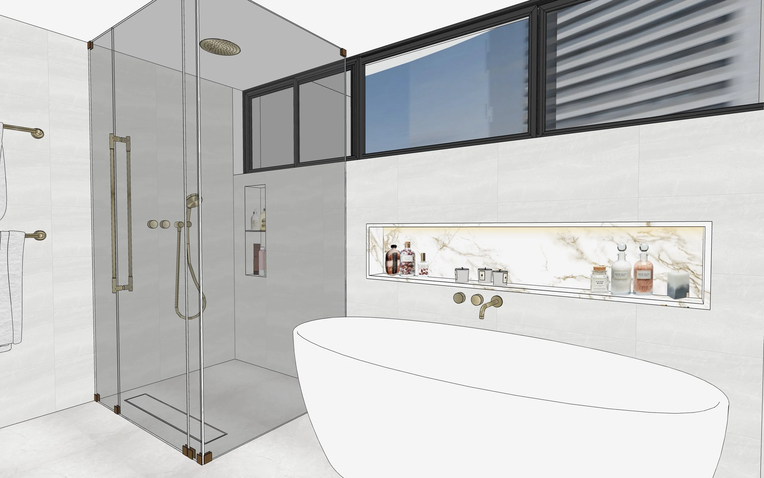 Light-filled ensuite featuring freestanding bath and marble niche shelf