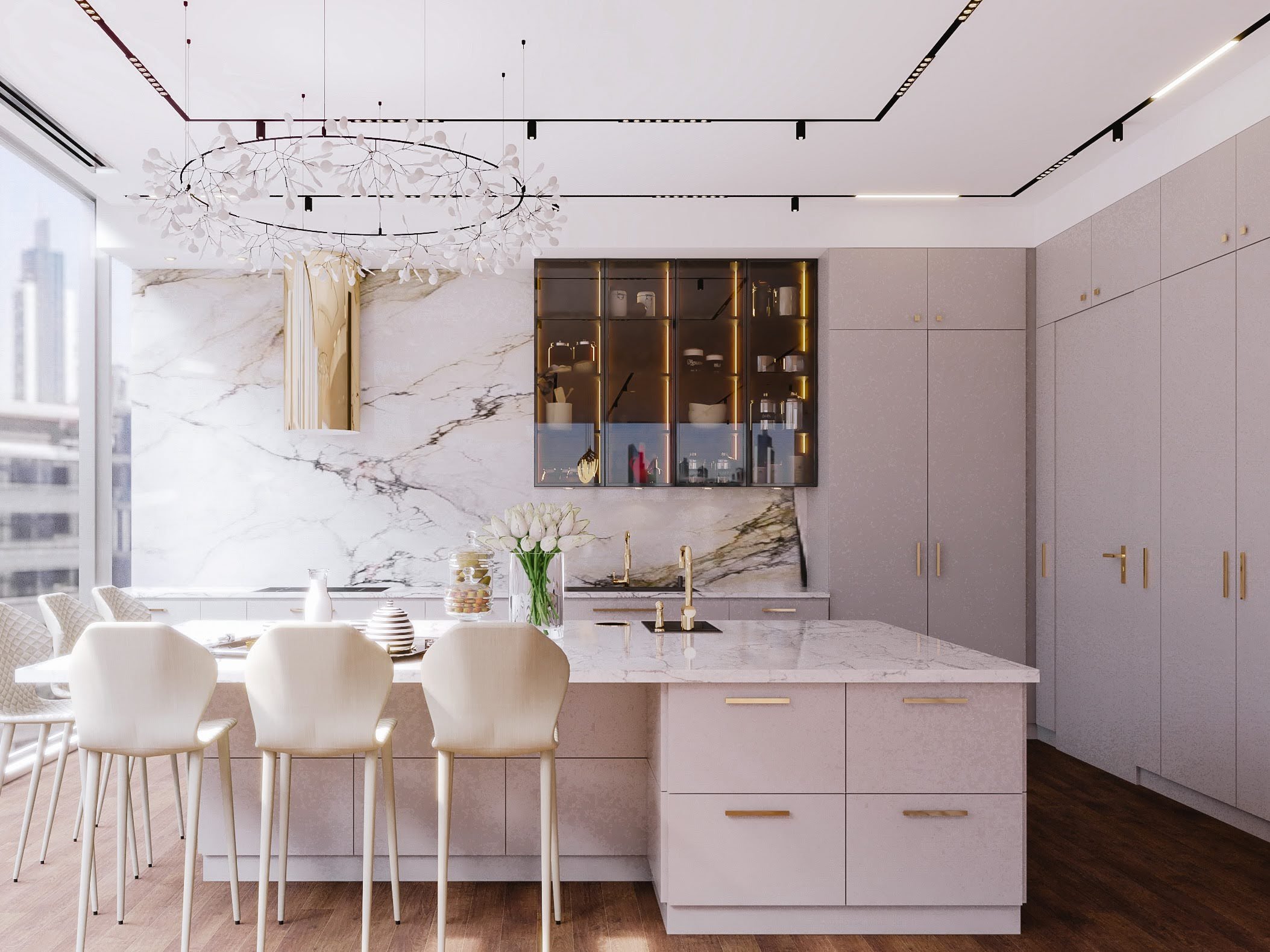 Luxury kitchen with Calacatta marble island, integrated appliances, and illuminated glass cabinet