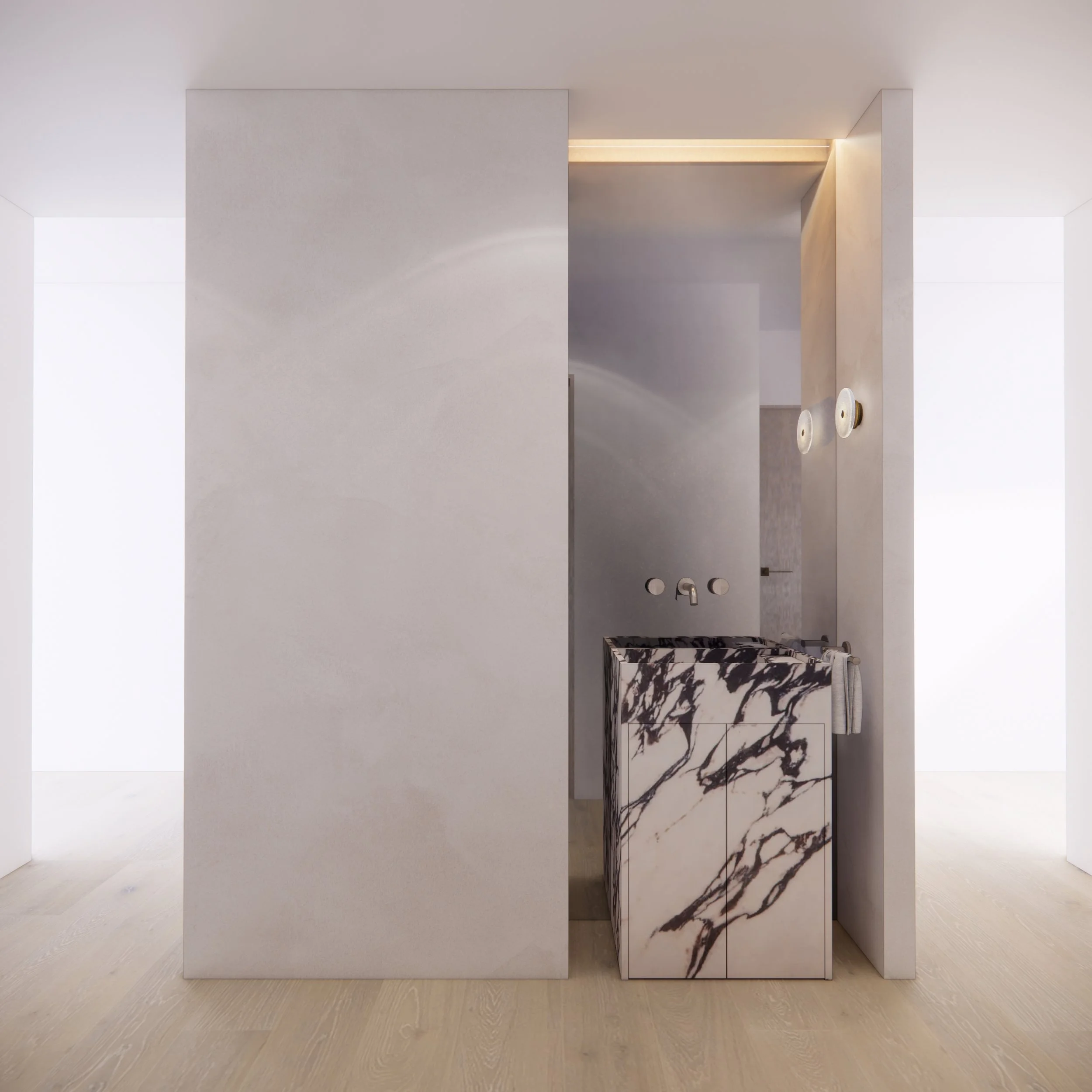 Statement powder room featuring bold marble stonework and minimalist styling, designed by TID Studio in Sydney