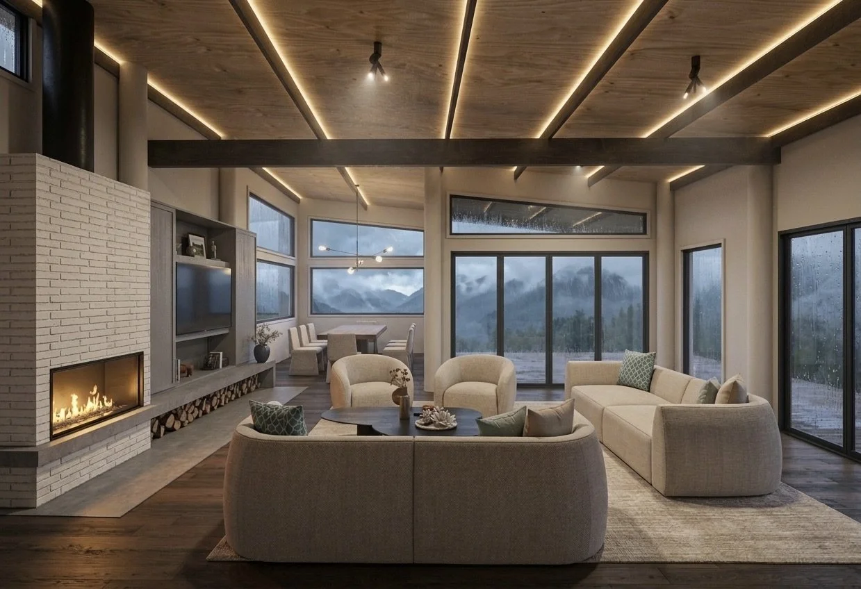 Open-plan living overlooking mountain views with sculptural furniture and warm-toned styling
