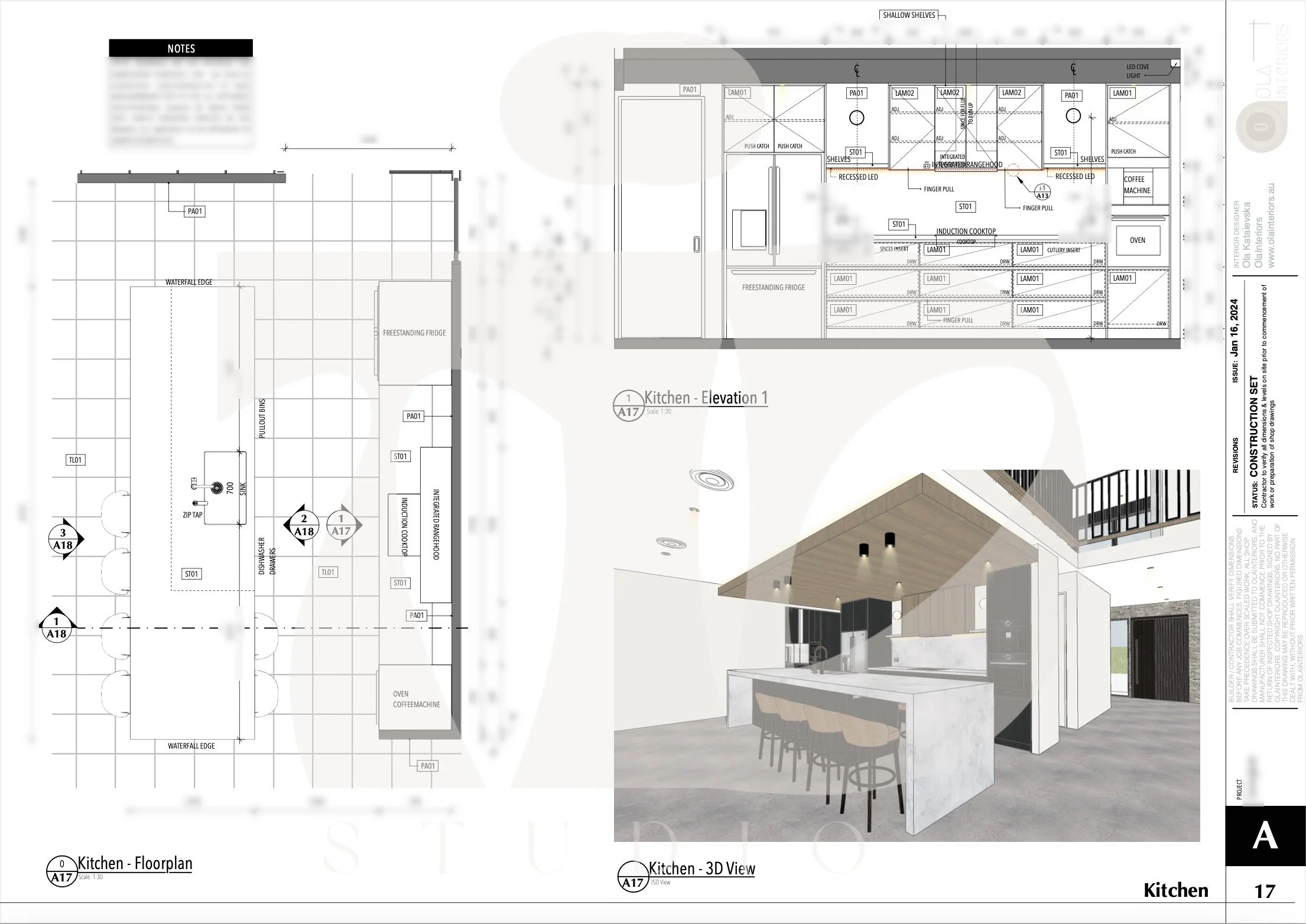 Kitchen floorplan and elevations drawings illustrating cabinetry layout, appliance integration, and key joinery details design by TID Studio.