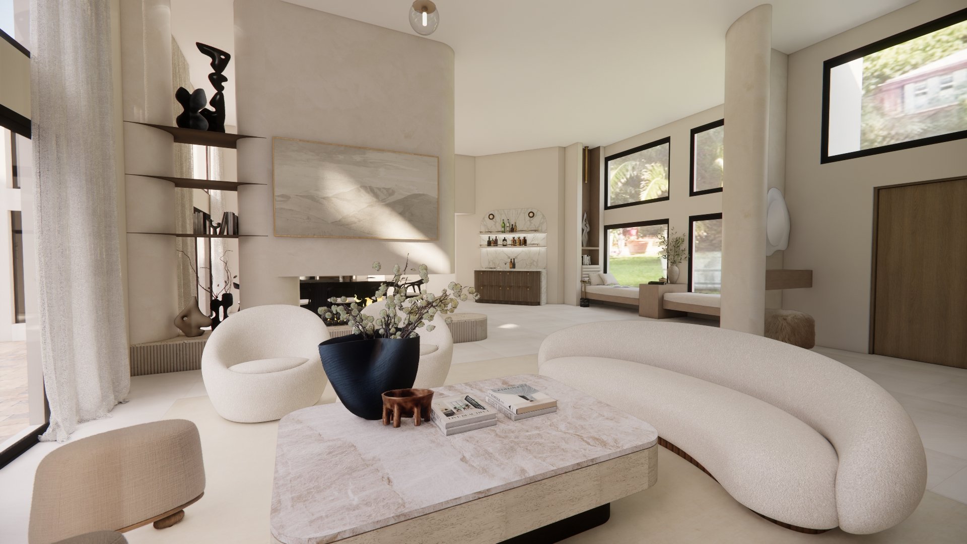 Neutral minimal family room with soft textures and large windows overlooking greenery in Miami