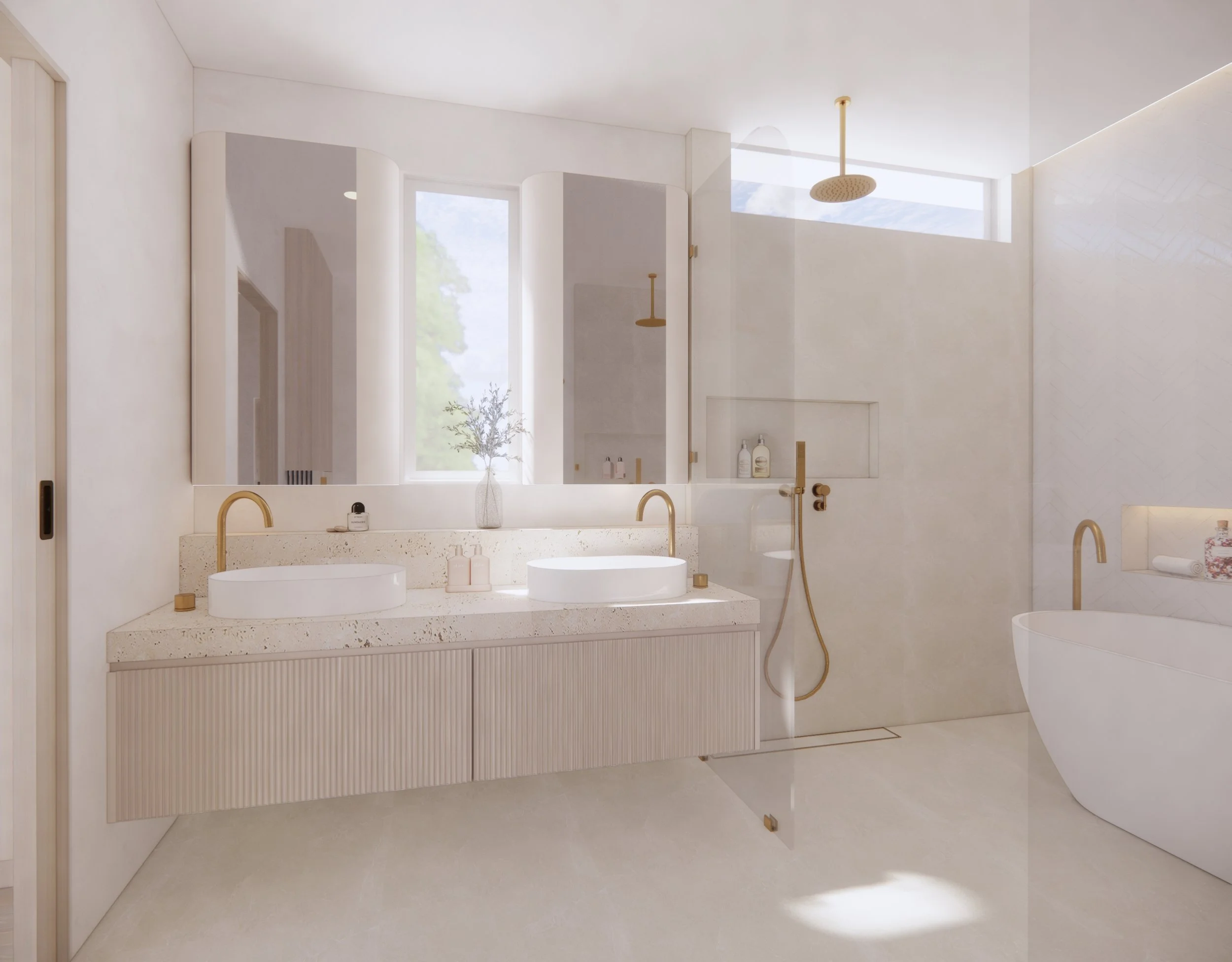 Modern master bathroom featuring curved vanity, travertine textures and brushed brass fixtures — Auriga Residence by TID Studio, Brisbane