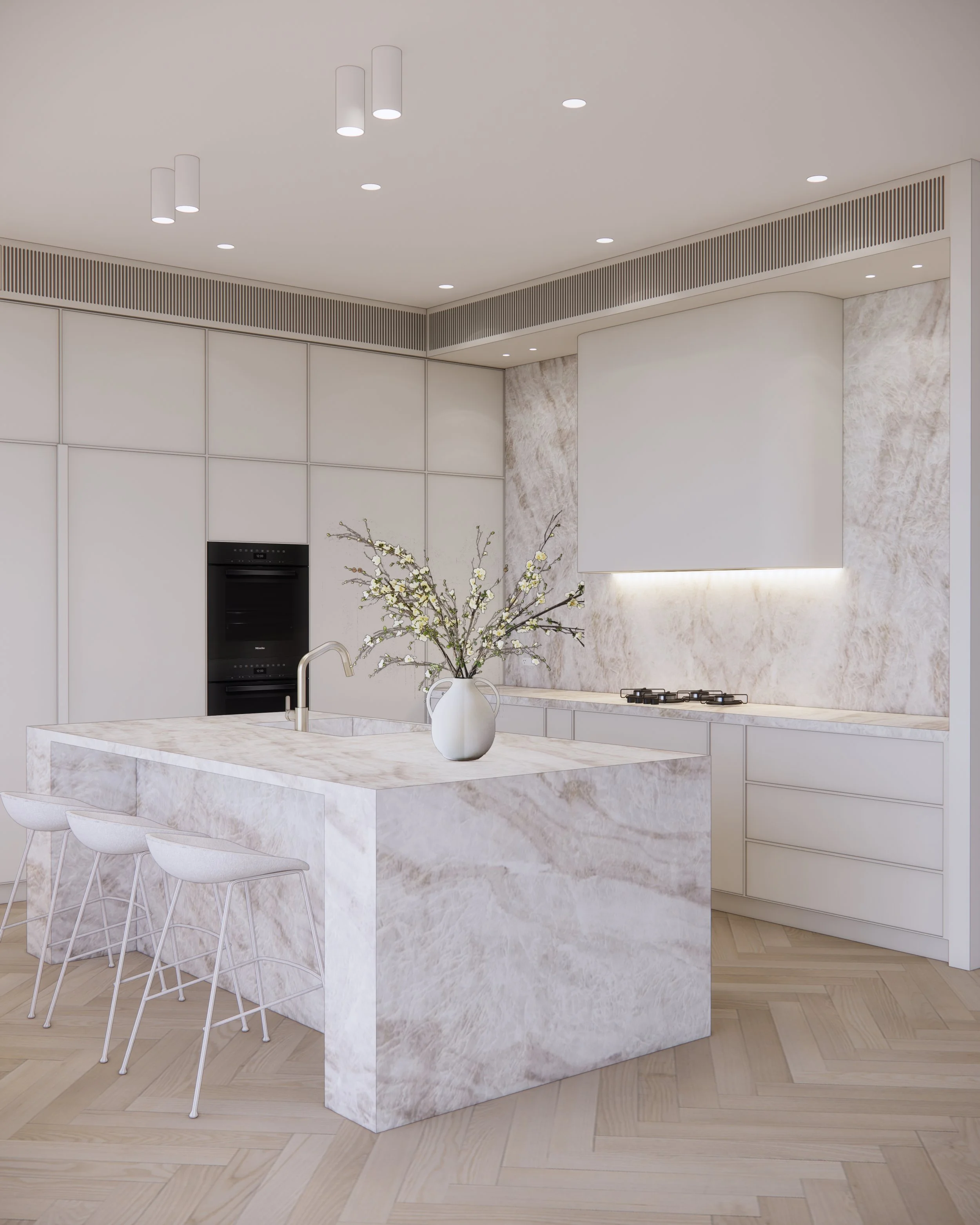 Minimal luxe Melbourne kitchen with stone island and full-height cabinetry by TID Studio