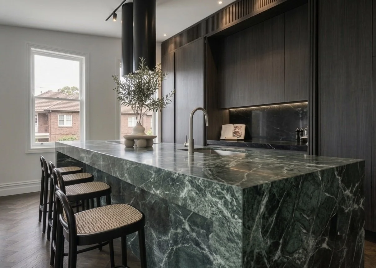 Contemporary kitchen with dramatic green marble island and dark joinery in renovated Sydney terrace